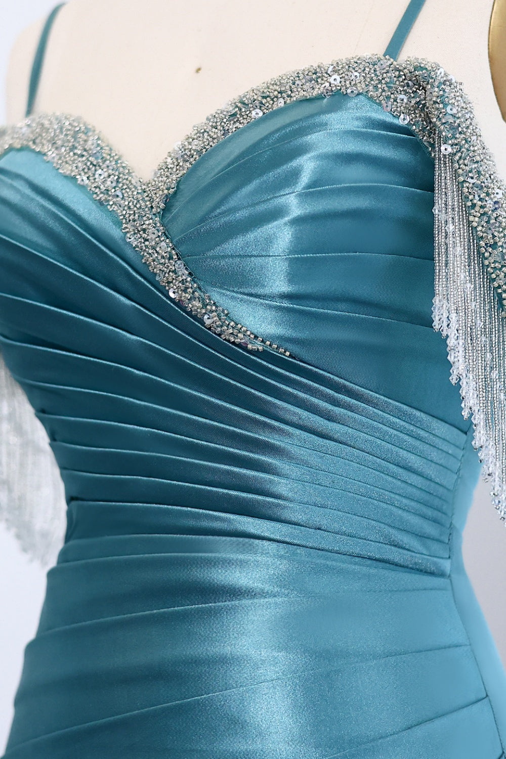 Teal Satin Rhinestone Fringe Strap Mermaid Prom Dress SH011 Sheer Fairy