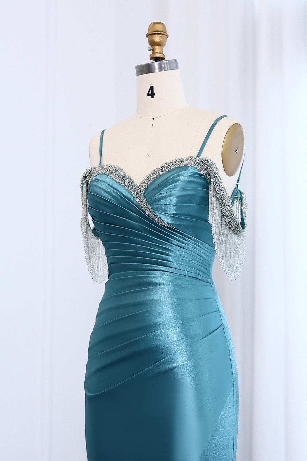 Teal Satin Rhinestone Fringe Strap Mermaid Prom Dress SH011 Sheer Fairy
