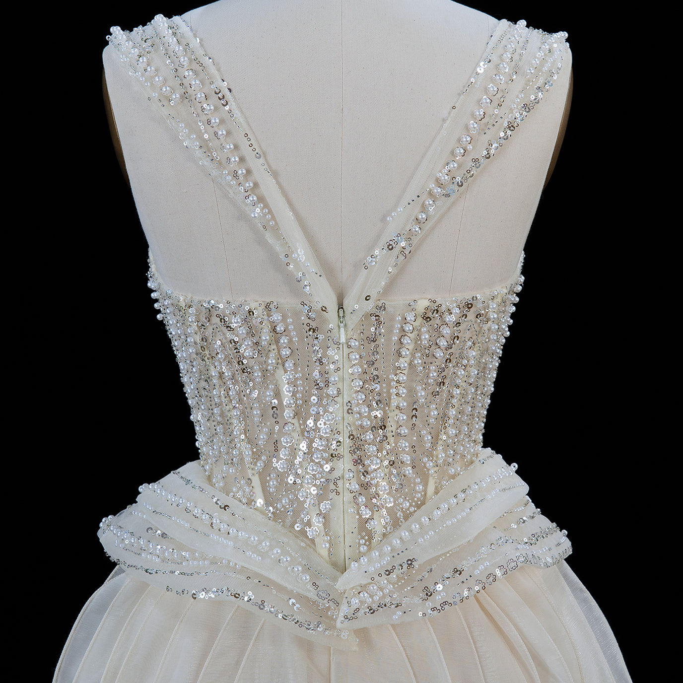 Sparkling Sequin Beaded Evening Dress with Cascading Layered Tiered Ruffle Train SS236 Sheer Fairy