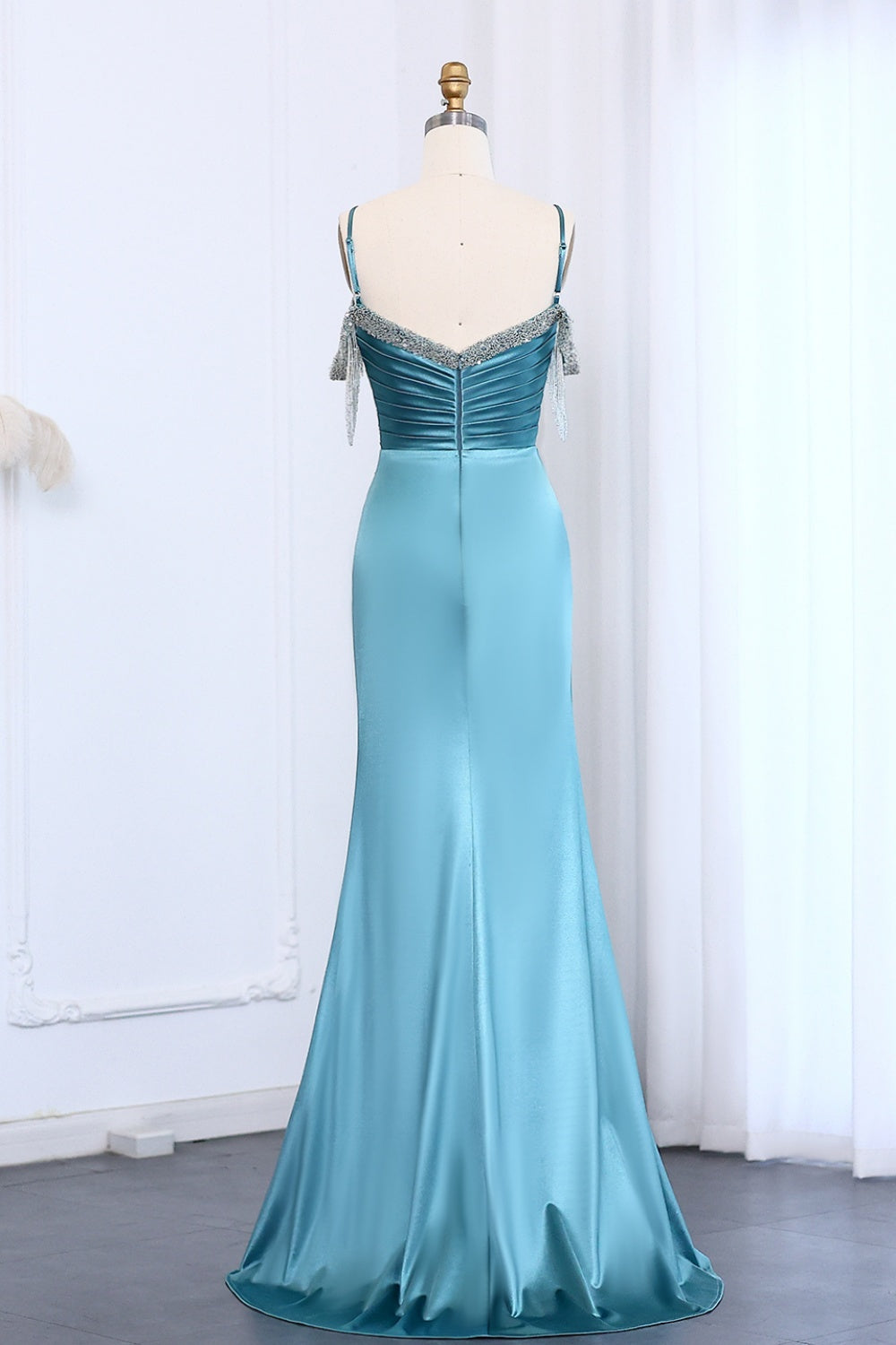 Teal Satin Rhinestone Fringe Strap Mermaid Prom Dress SH011 Sheer Fairy