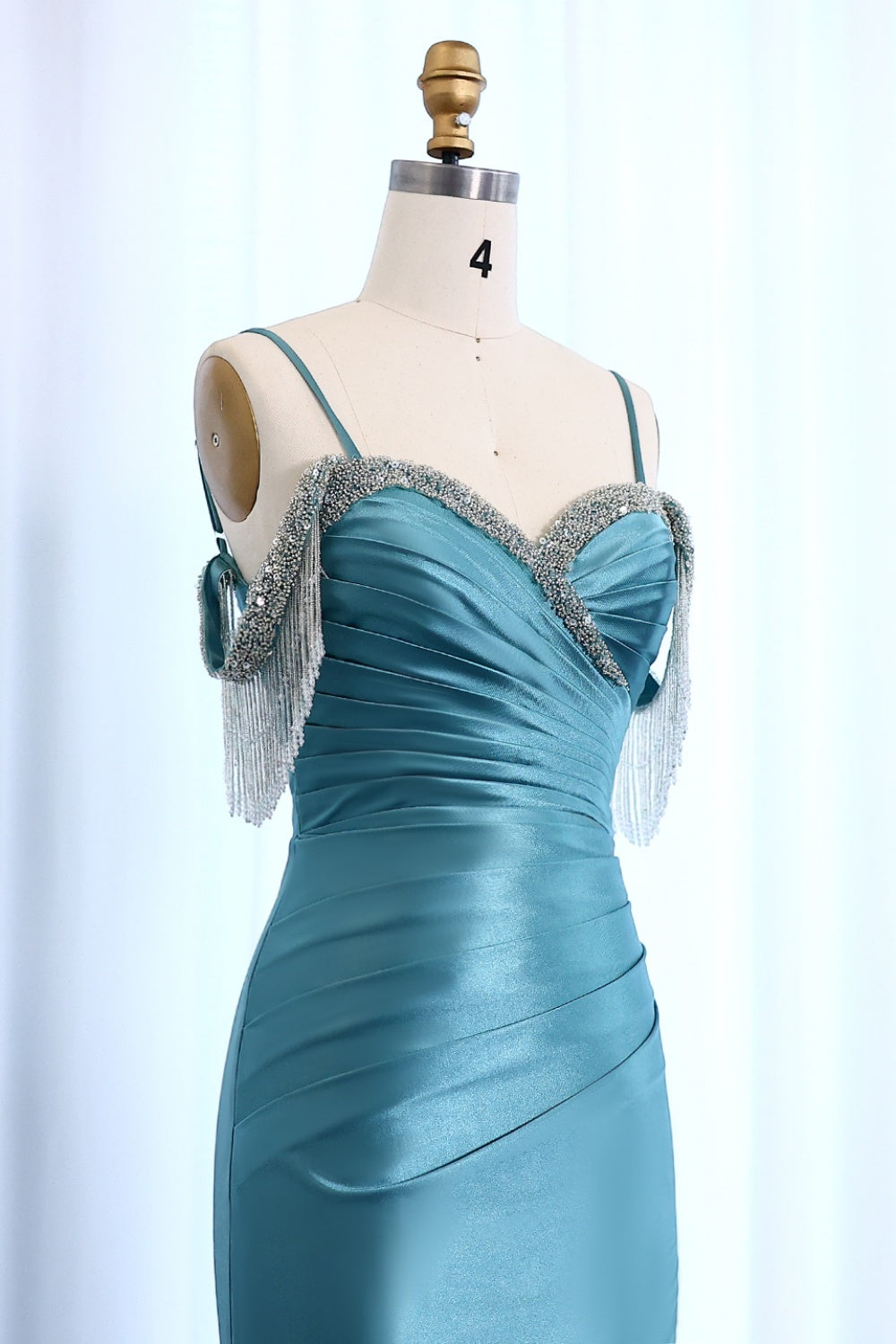 Teal Satin Rhinestone Fringe Strap Mermaid Prom Dress SH011 Sheer Fairy