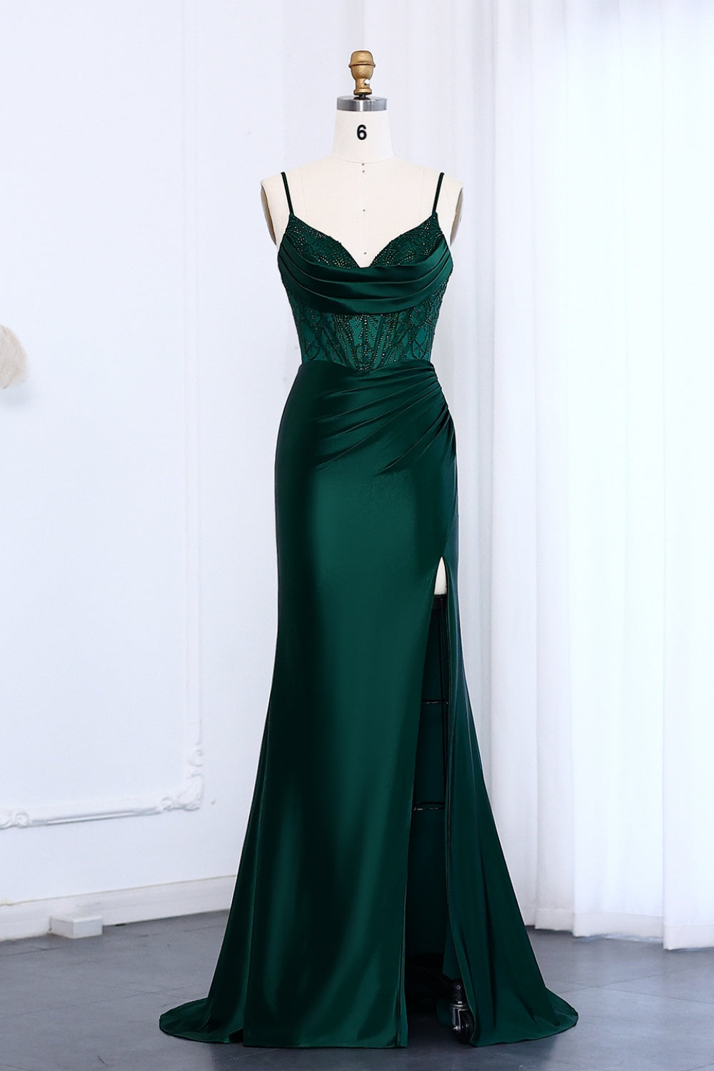 Emerald Green Lace Satin Mermaid Prom Dress SH012 Sheer Fairy