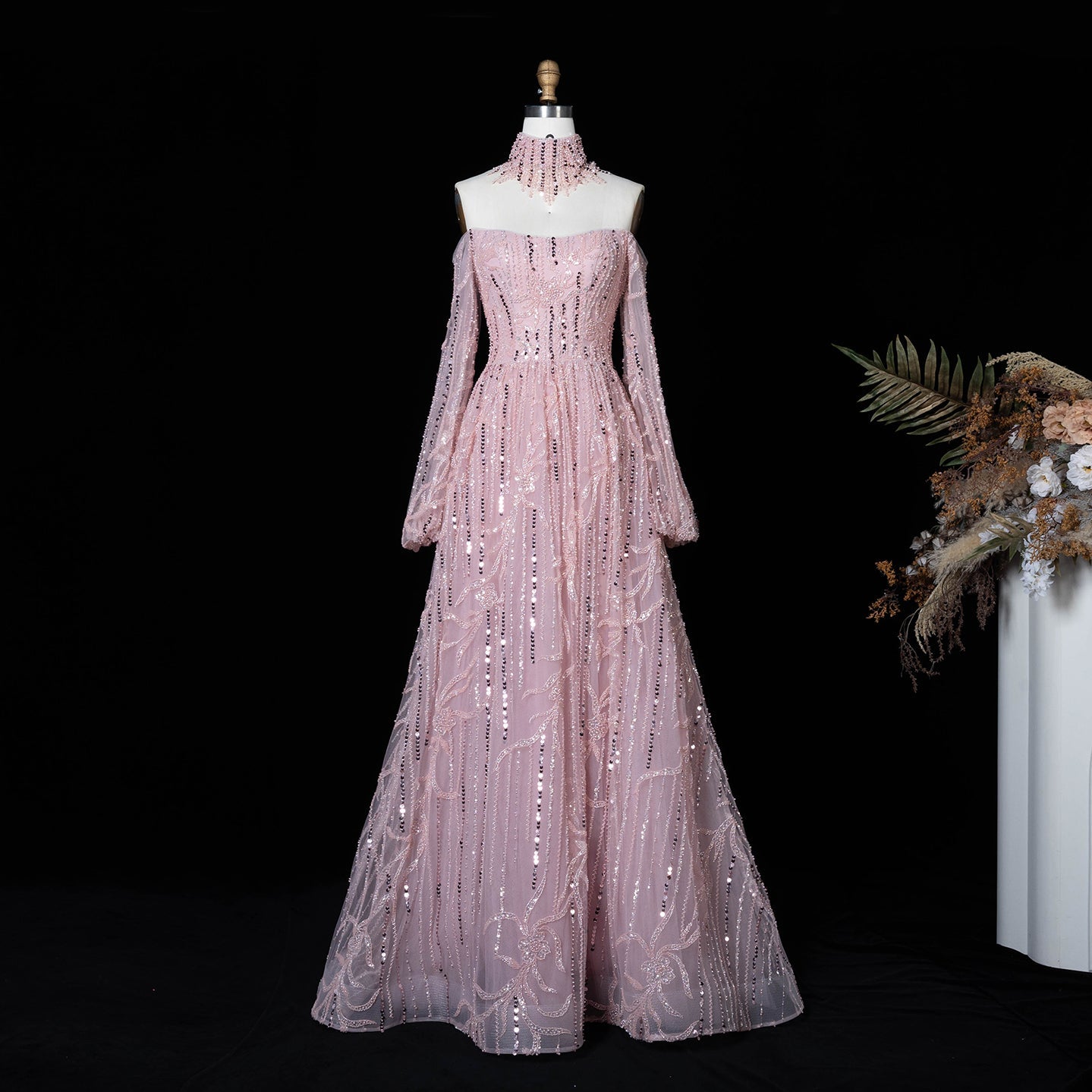 Sparkling Beaded A Line Evening Gown Long Cape Sleeves Glitzy Prom Dress SS059（副本） Sheer Fairy