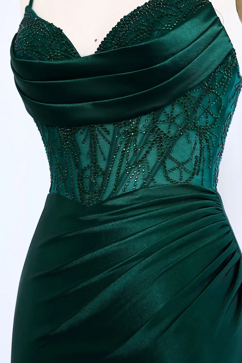 Emerald Green Lace Satin Mermaid Prom Dress SH012 Sheer Fairy