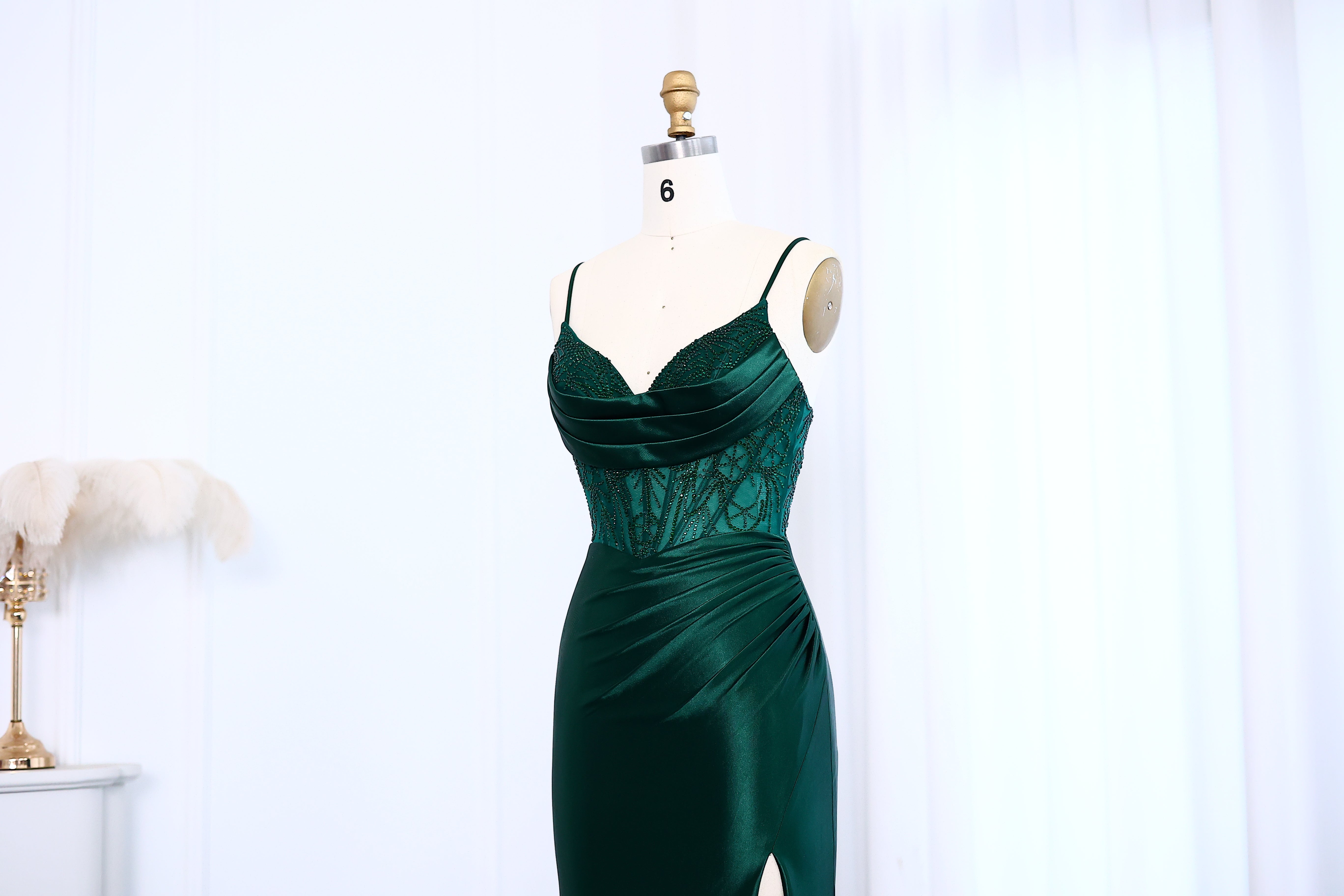 Sexy Spaghetti Straps Mermaid Emerald Green Prom Dresses with High Slit Birthday Party Gowns