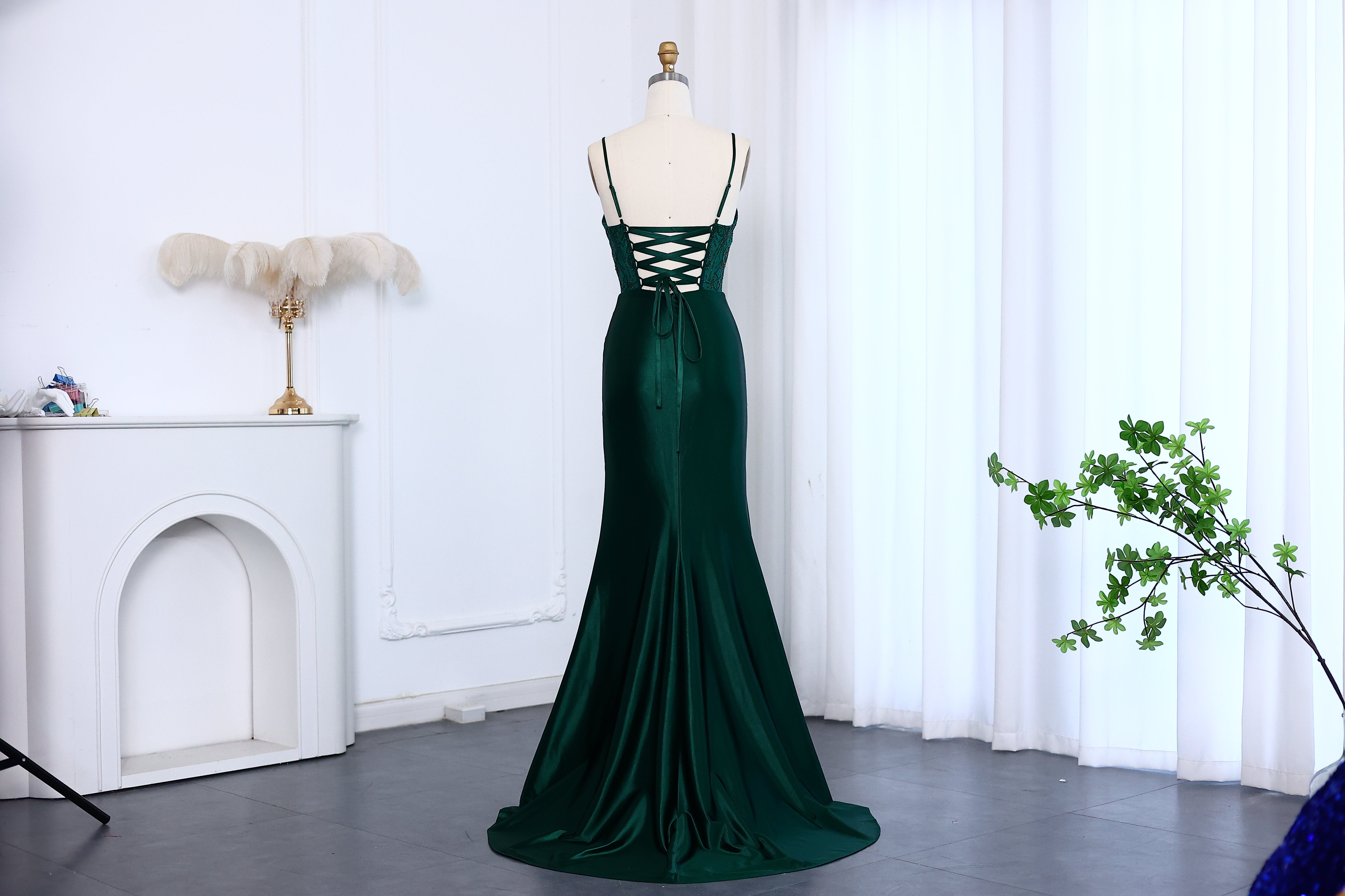 Sexy Spaghetti Straps Mermaid Emerald Green Prom Dresses with High Slit Birthday Party Gowns