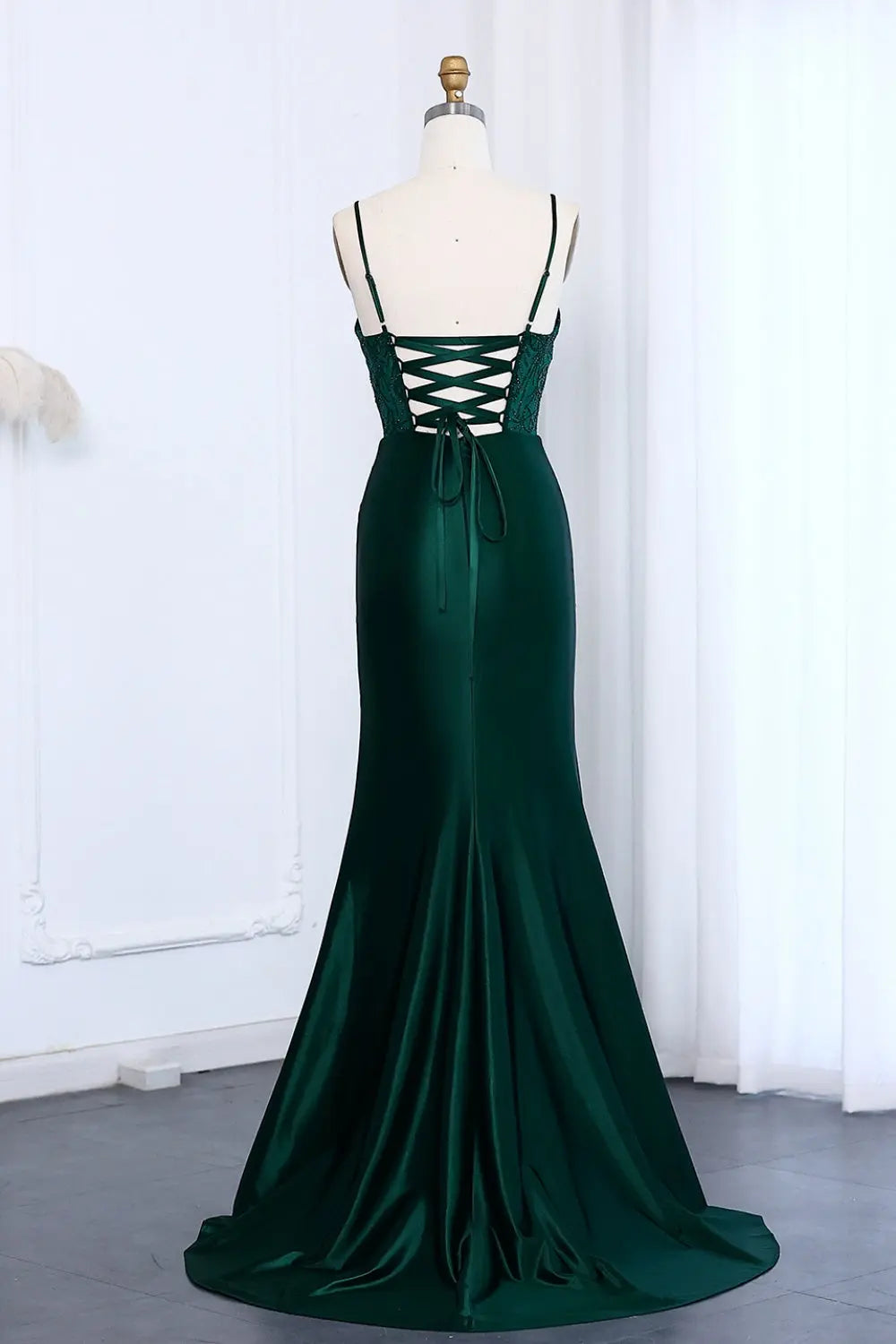 Emerald Green Lace Satin Mermaid Prom Dress SH012 Sheer Fairy