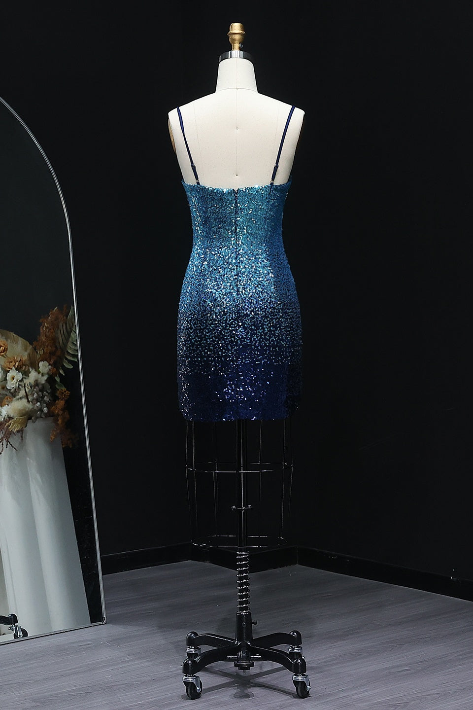 Ombre Blue Sequin Spaghetti Strap Scoop Homecoming Dress RM115