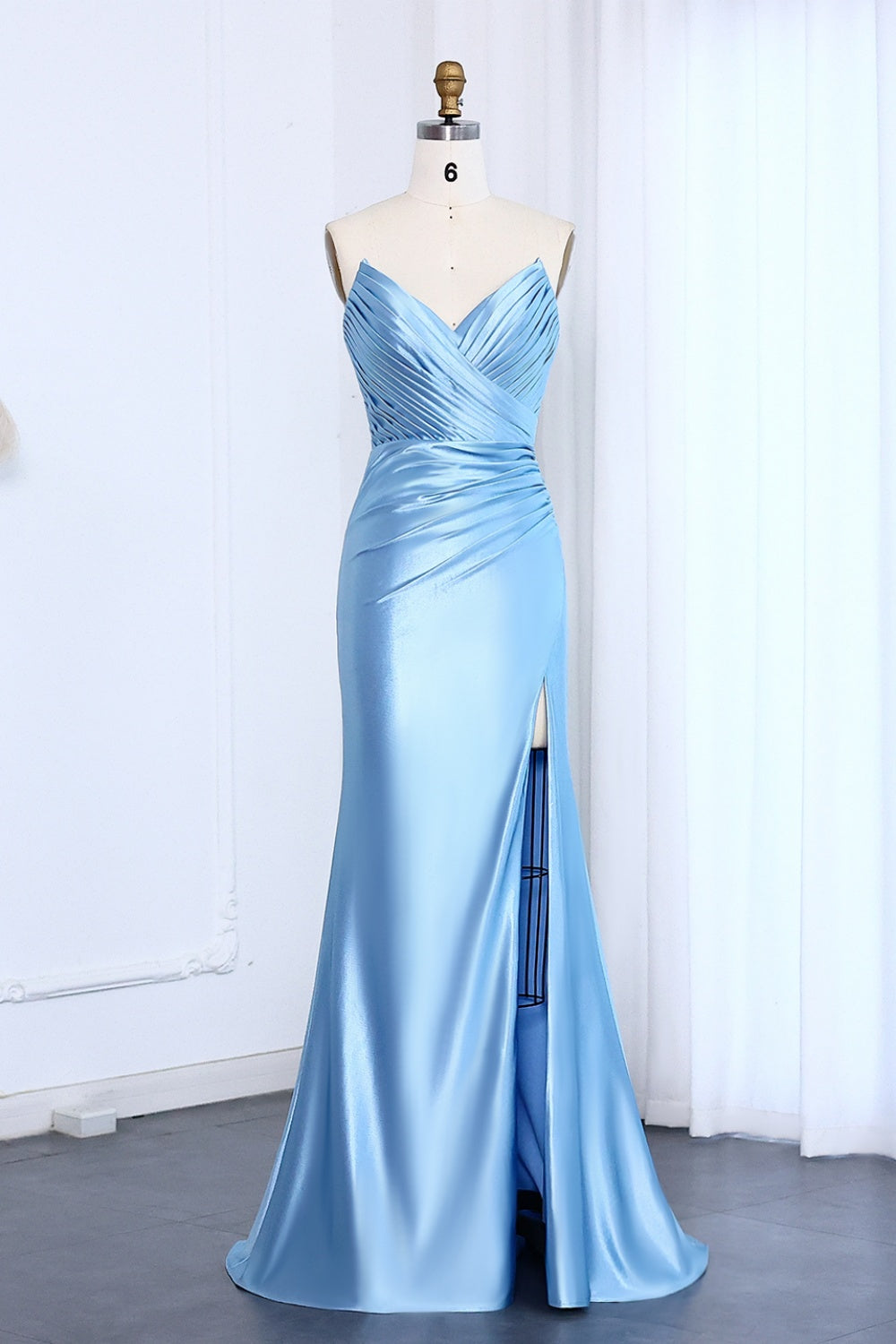 Light Blue Satin Sweetheart Neckline High Slit Prom Dress SH014 Sheer Fairy
