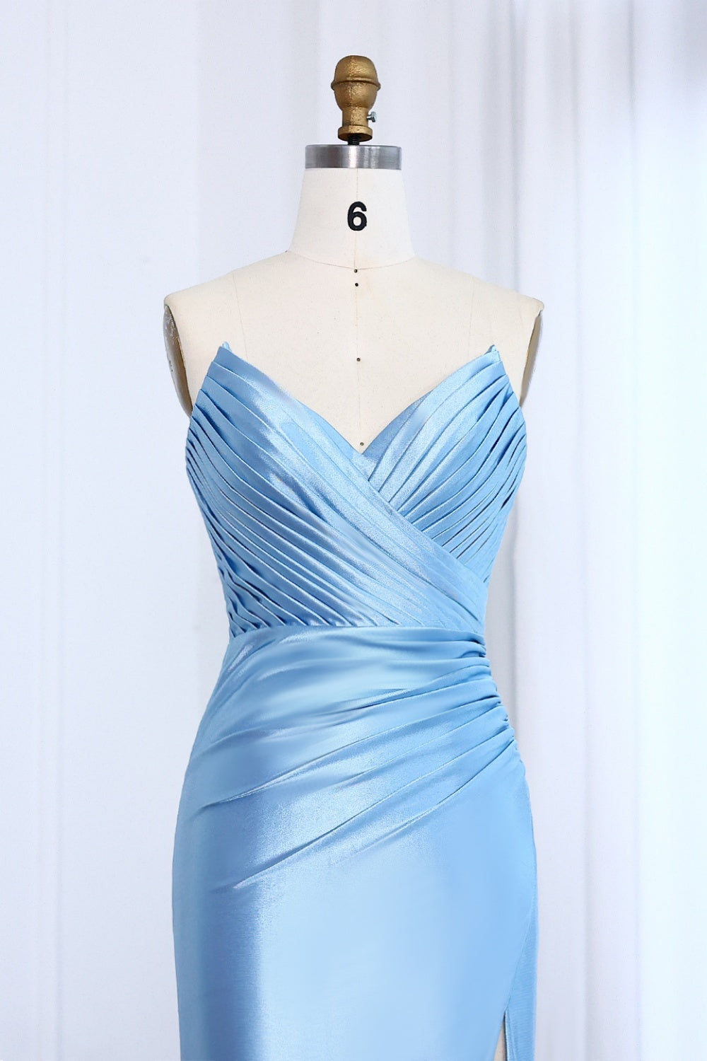 Light Blue Satin Sweetheart Neckline High Slit Prom Dress SH014 Sheer Fairy