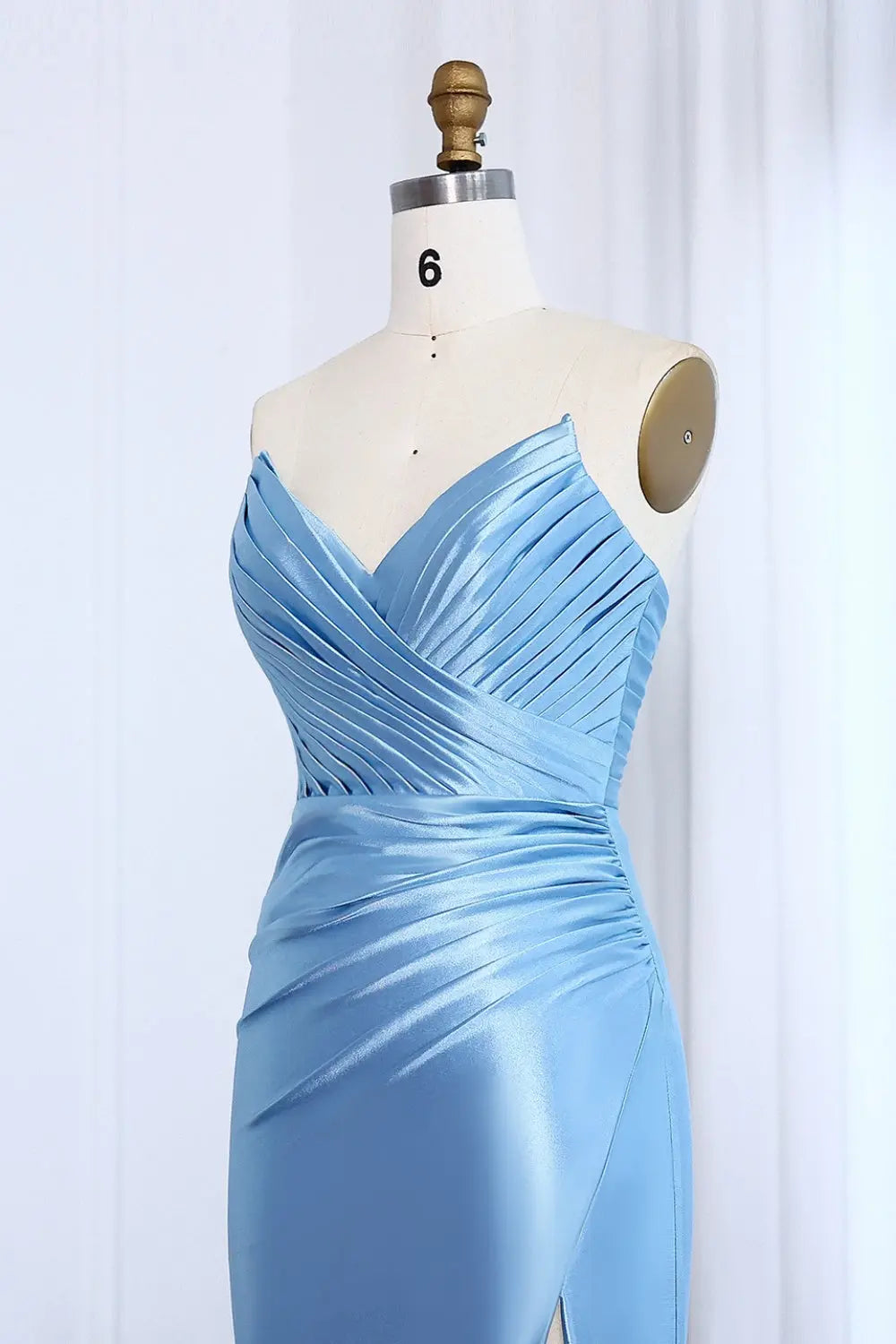 Light Blue Satin Sweetheart Neckline High Slit Prom Dress SH014 Sheer Fairy