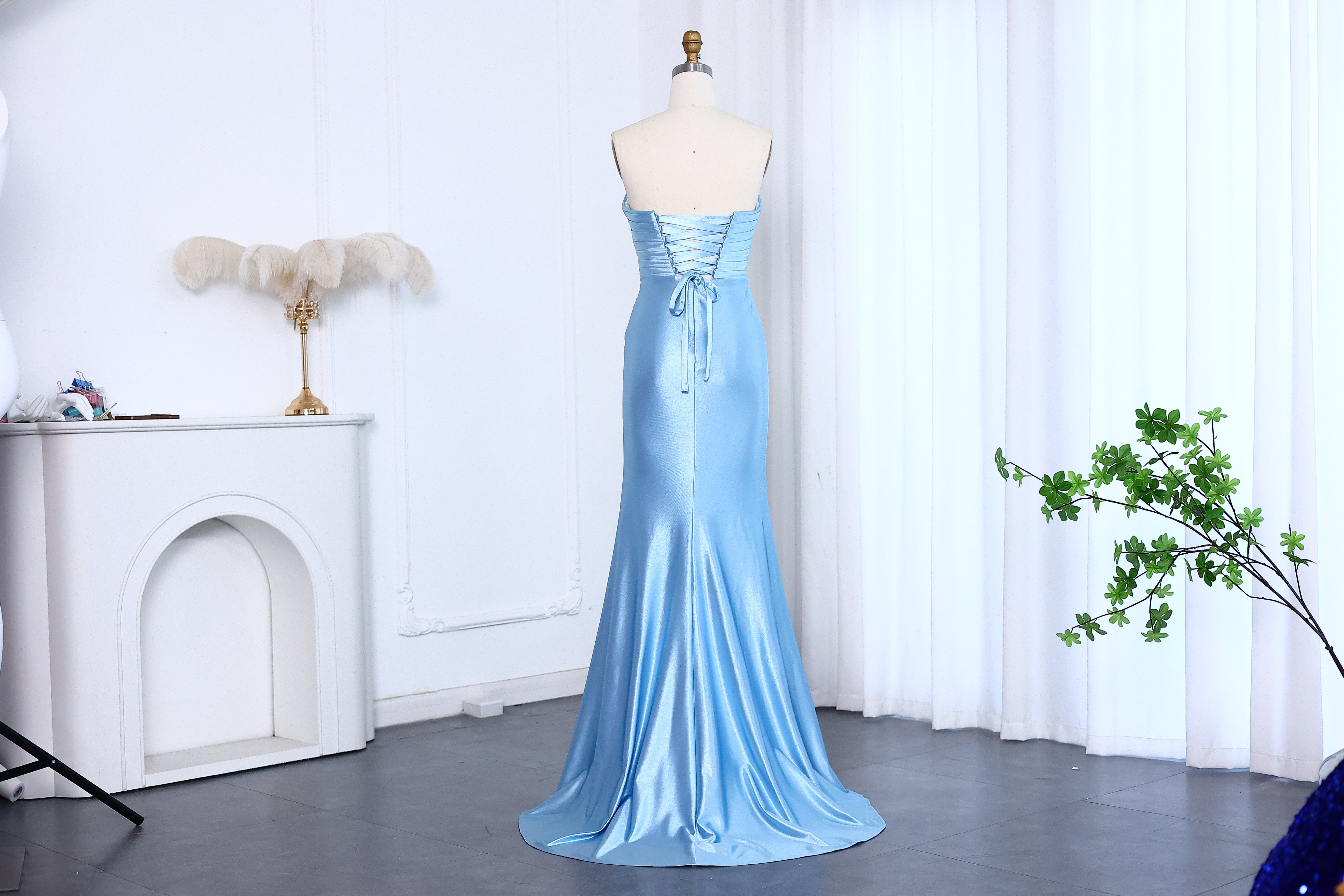 Light Blue Silky Satin Mermaid Prom Dresses for Girls Long Sexy High Slit Birthday Party Gowns