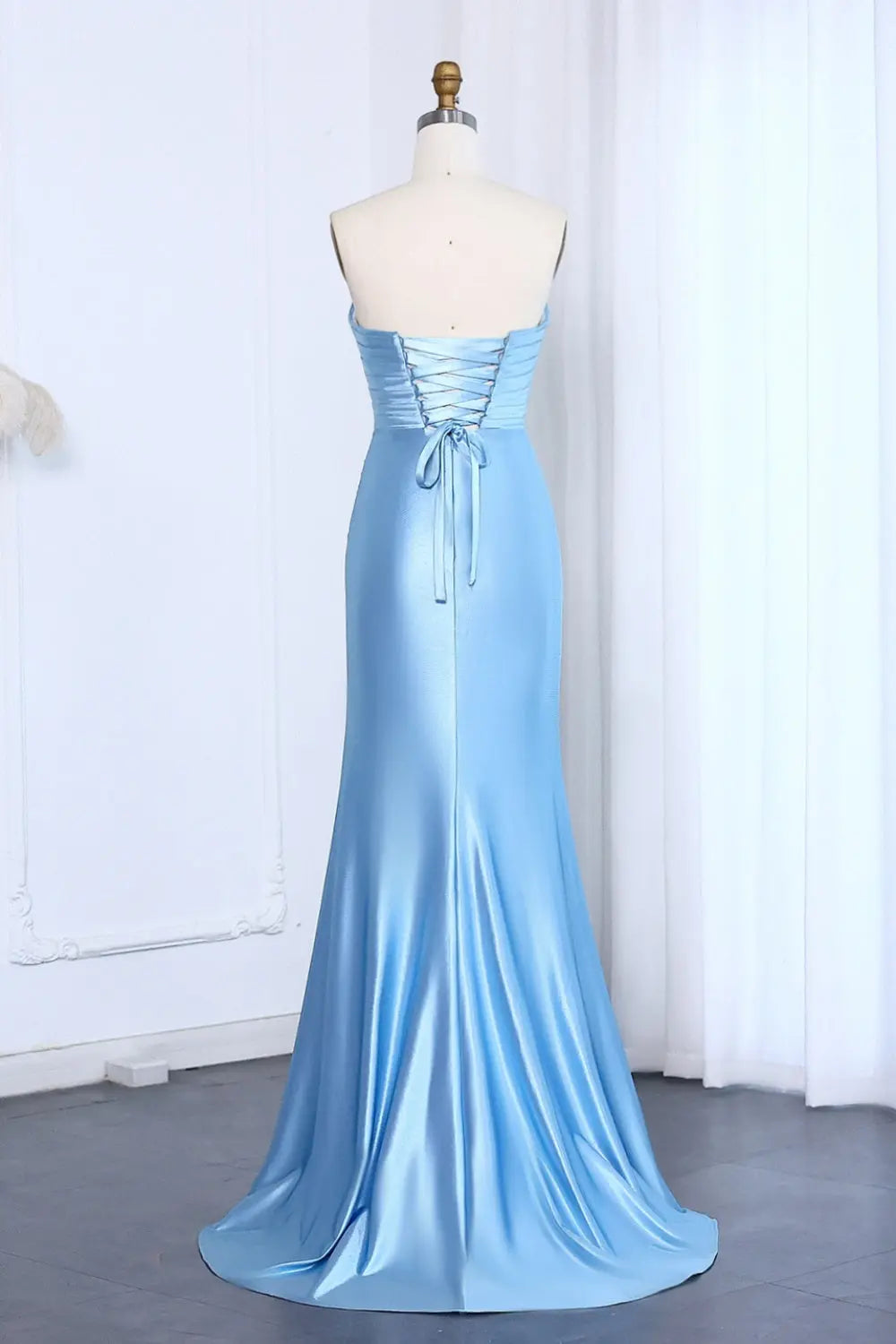 Light Blue Satin Sweetheart Neckline High Slit Prom Dress SH014 Sheer Fairy