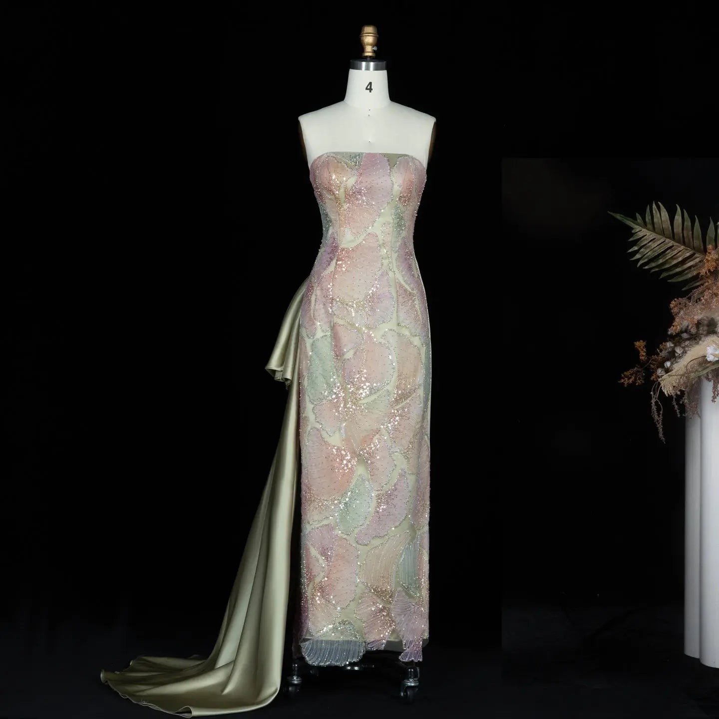 Sage Green Strapless Sequin Evening Dress with Oversized Satin Bow Train SS664 Sheer Fairy