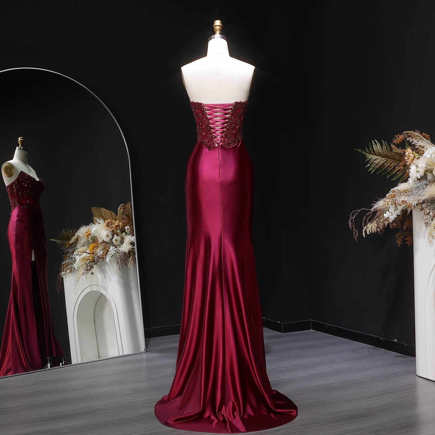 Sexy Backless Mermaid Burgundy Satin Prom Dress for Women SH353 Sheer Fairy