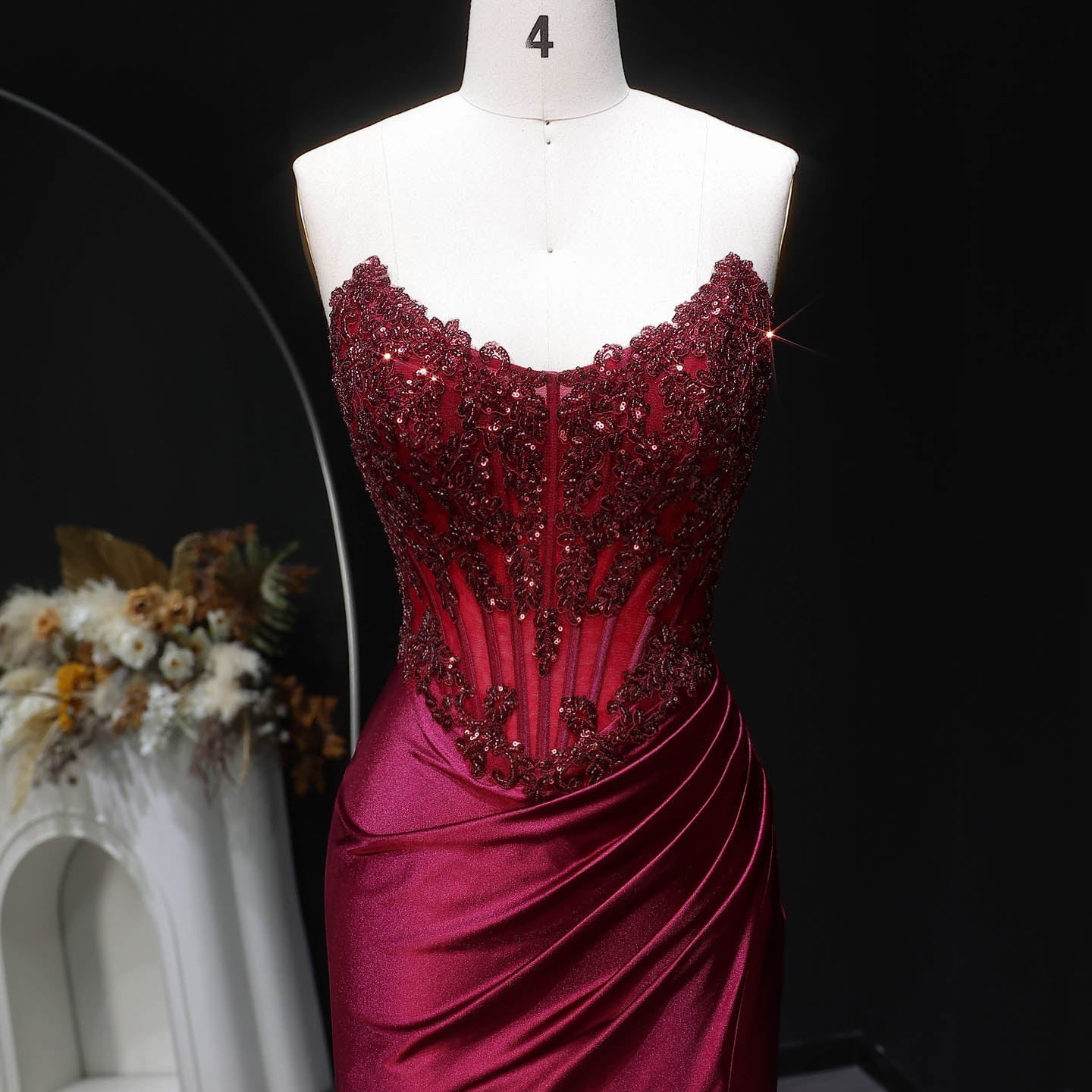 Sexy Backless Mermaid Burgundy Satin Prom Dress for Women SH353 Sheer Fairy