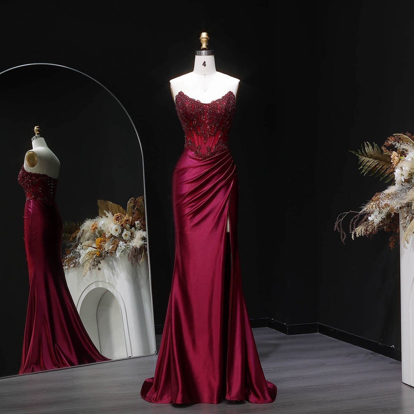 Sexy Backless Mermaid Burgundy Satin Prom Dress for Women SH353 Sheer Fairy