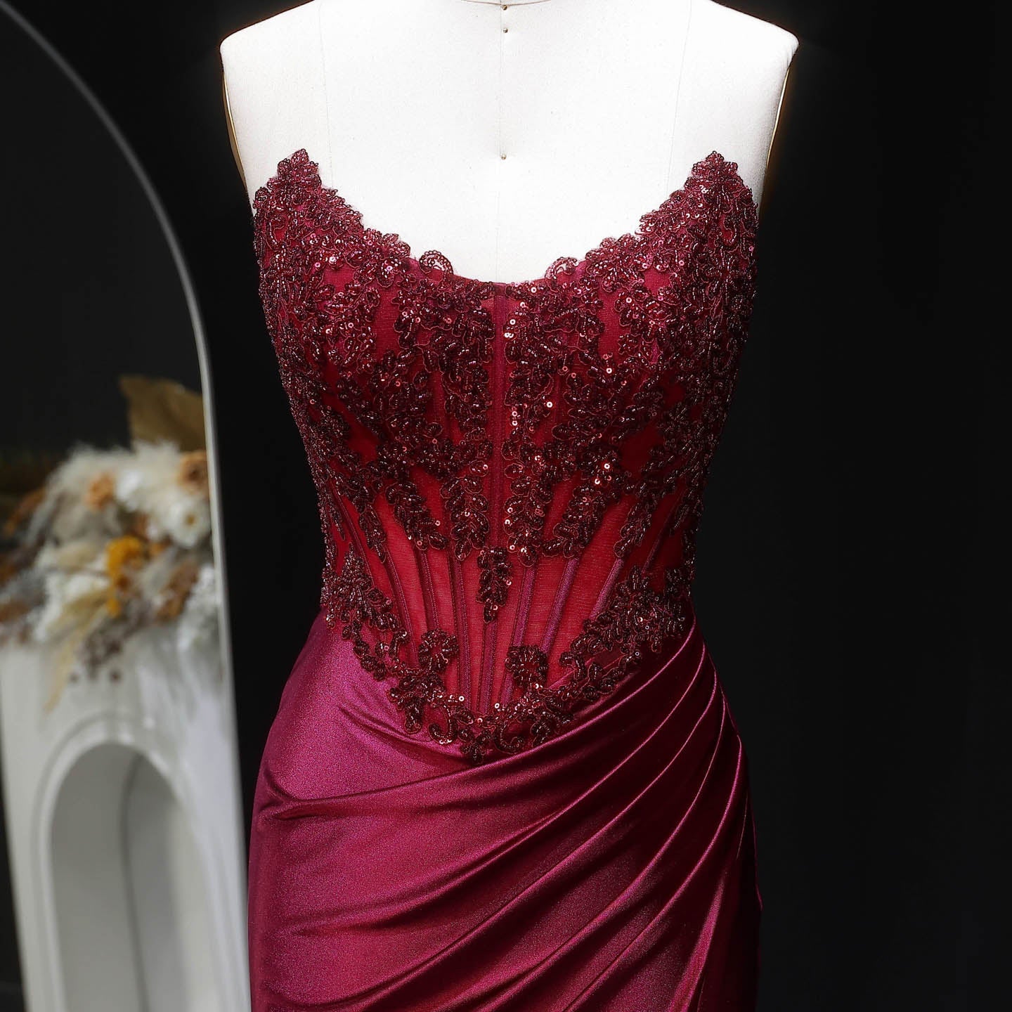 Sexy Backless Mermaid Burgundy Satin Prom Dress for Women SH353 Sheer Fairy