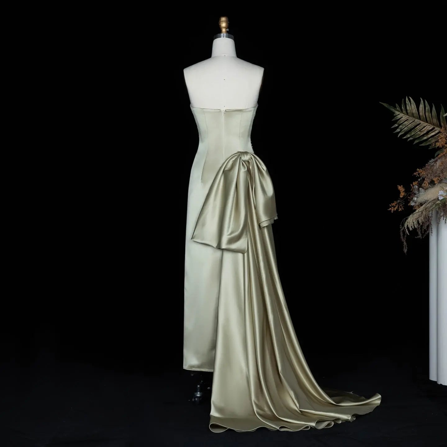 Sage Green Strapless Sequin Evening Dress with Oversized Satin Bow Train SS664 Sheer Fairy
