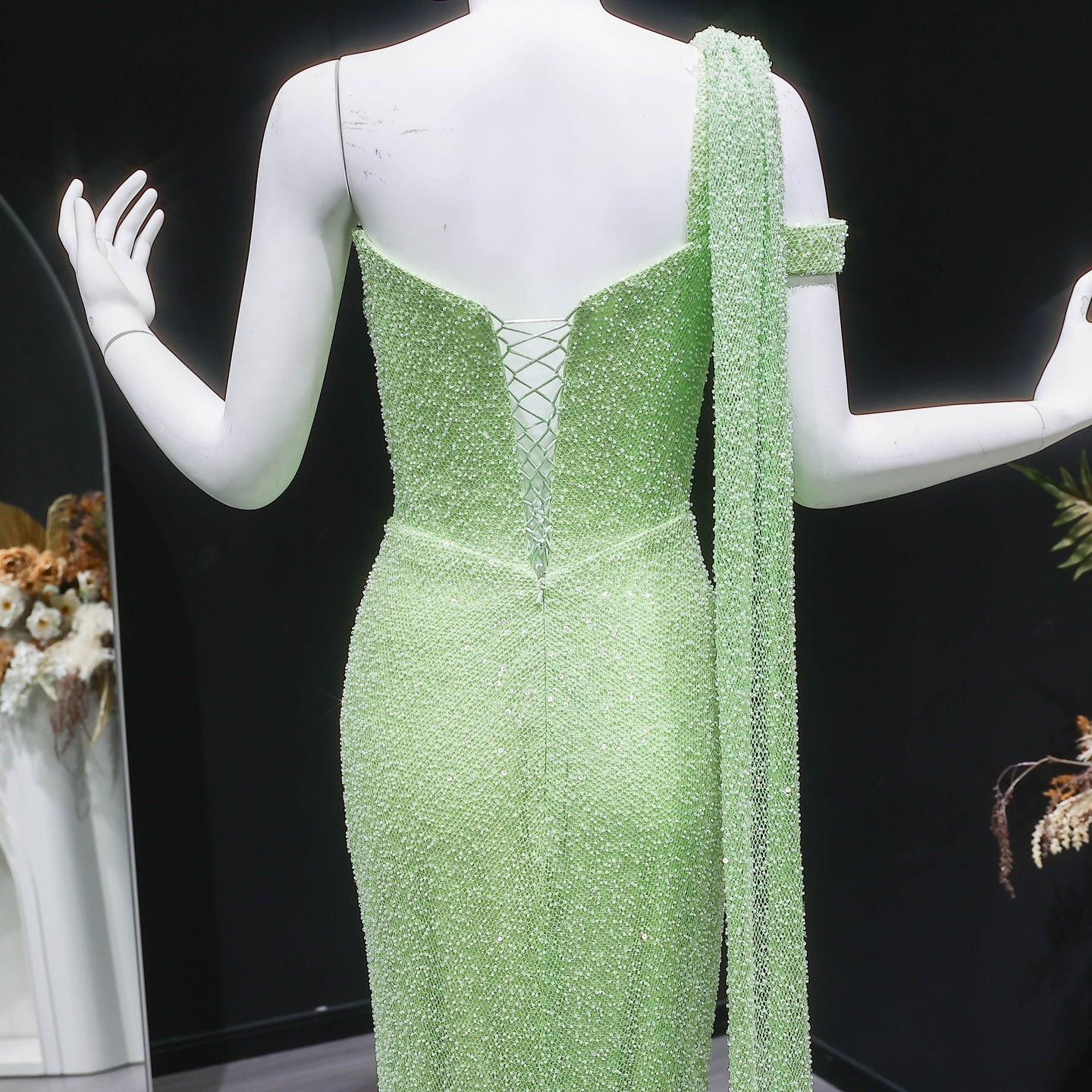Elegant One-Shoulder Beaded Mermaid Prom Dress with Drape Detail SH572 Sheer Fairy