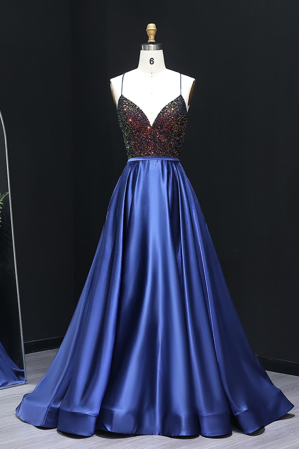 Navy Blue Satin Deep V-Neck Wrap Prom Dress SH302 Sheer Fairy