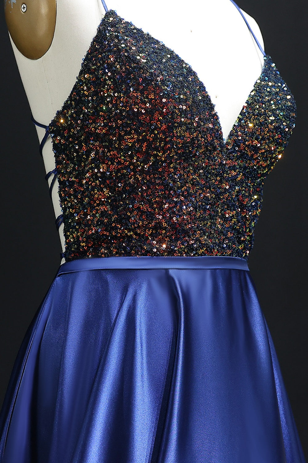 Navy Blue Satin Deep V-Neck Wrap Prom Dress SH302 Sheer Fairy