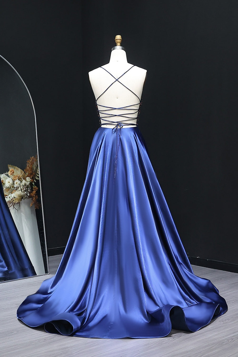 Navy Blue Satin Deep V-Neck Wrap Prom Dress SH302 Sheer Fairy