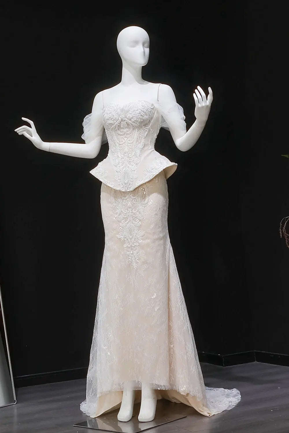 Ivory Lace Peplum Off-the-Shoulder Ball Gown Wedding Dress SW126 Sheer Fairy