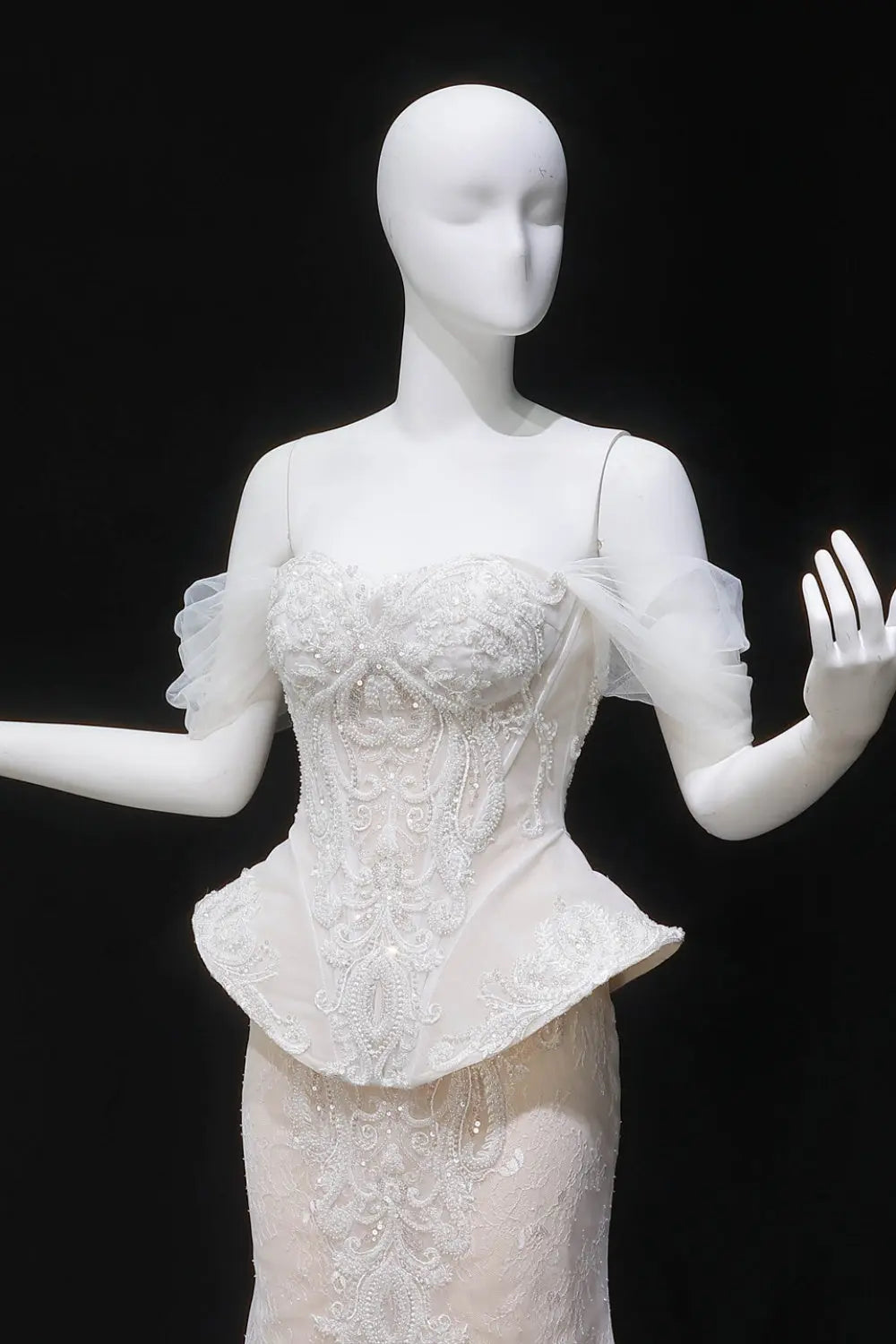 Ivory Lace Peplum Off-the-Shoulder Ball Gown Wedding Dress SW126 Sheer Fairy
