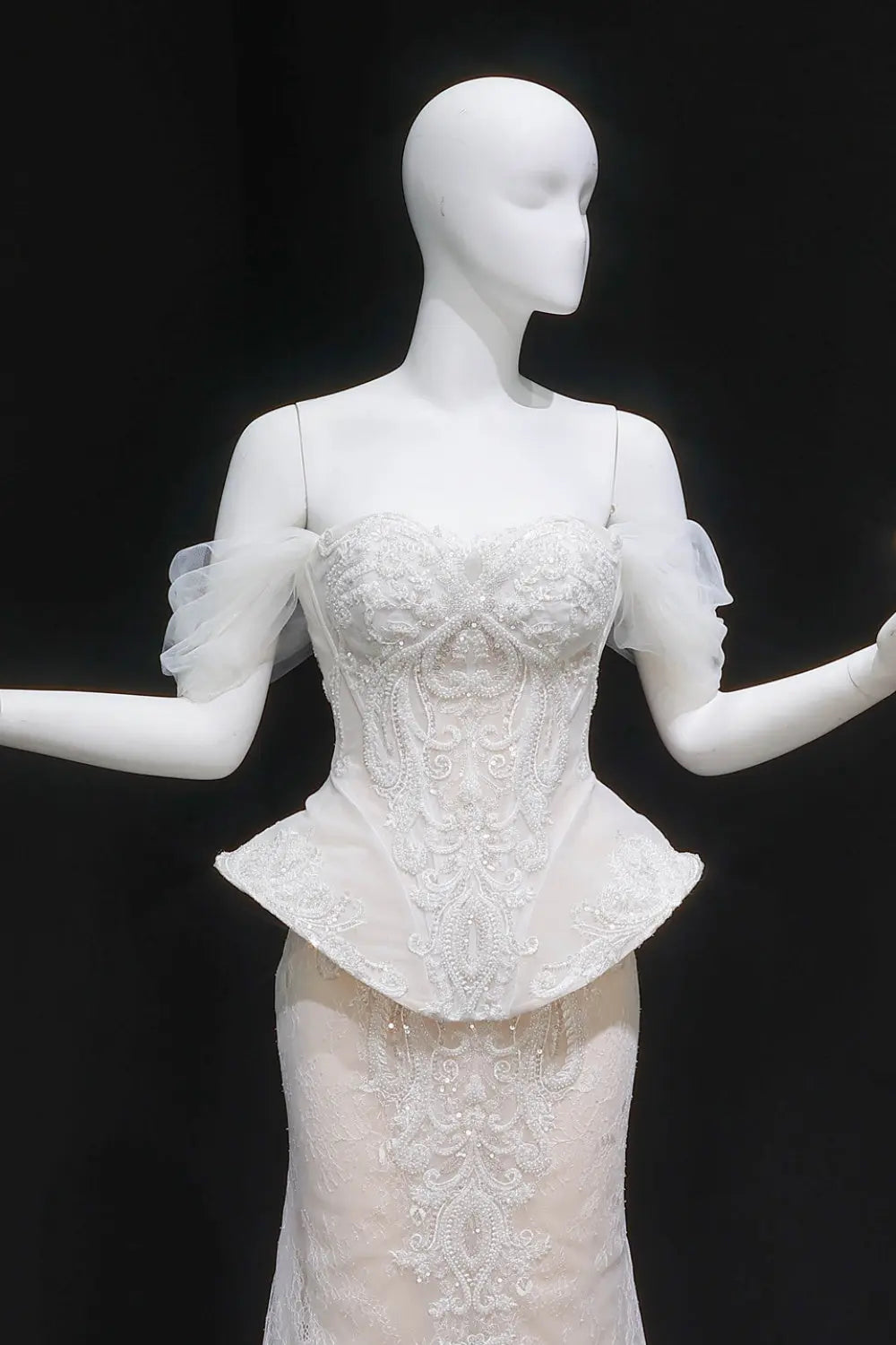 Ivory Lace Peplum Off-the-Shoulder Ball Gown Wedding Dress SW126 Sheer Fairy