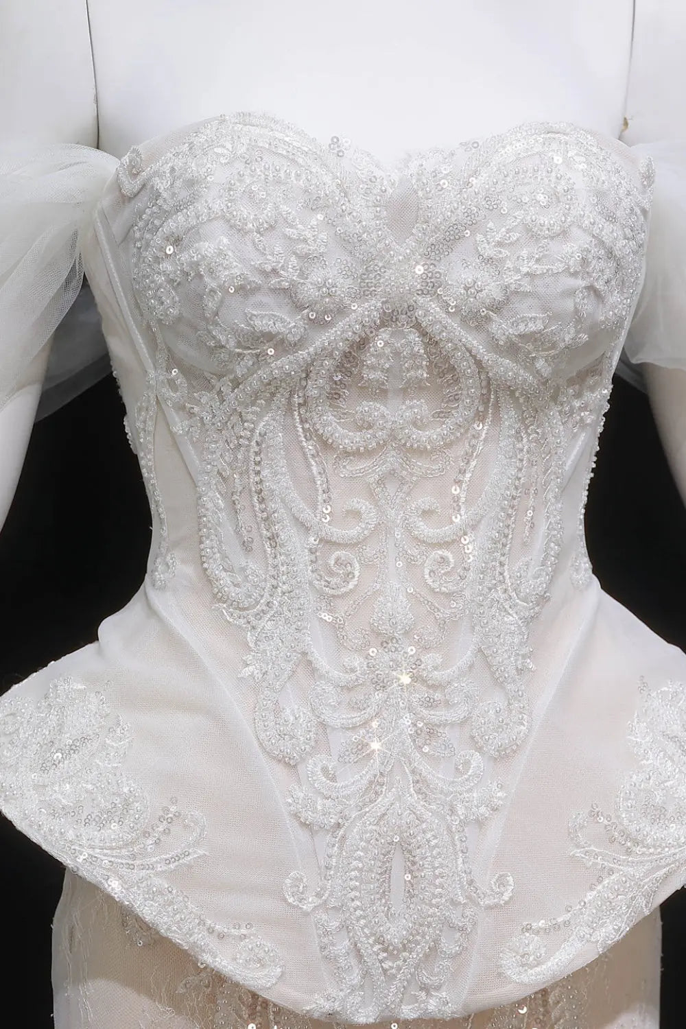 Ivory Lace Peplum Off-the-Shoulder Ball Gown Wedding Dress SW126 Sheer Fairy