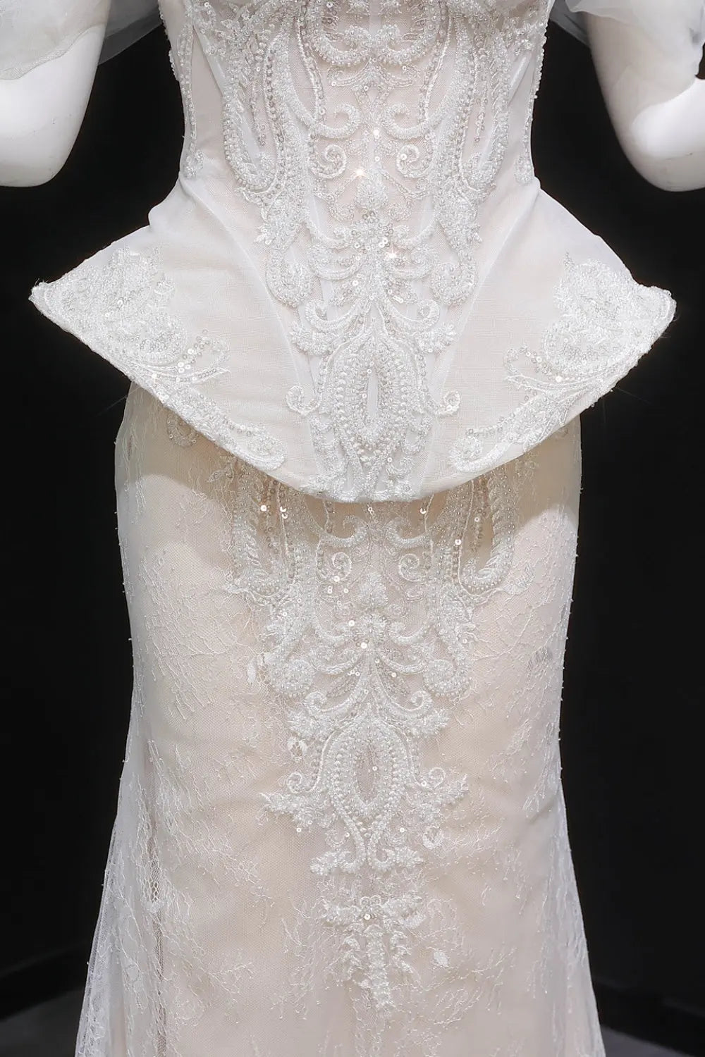 Ivory Lace Peplum Off-the-Shoulder Ball Gown Wedding Dress SW126 Sheer Fairy