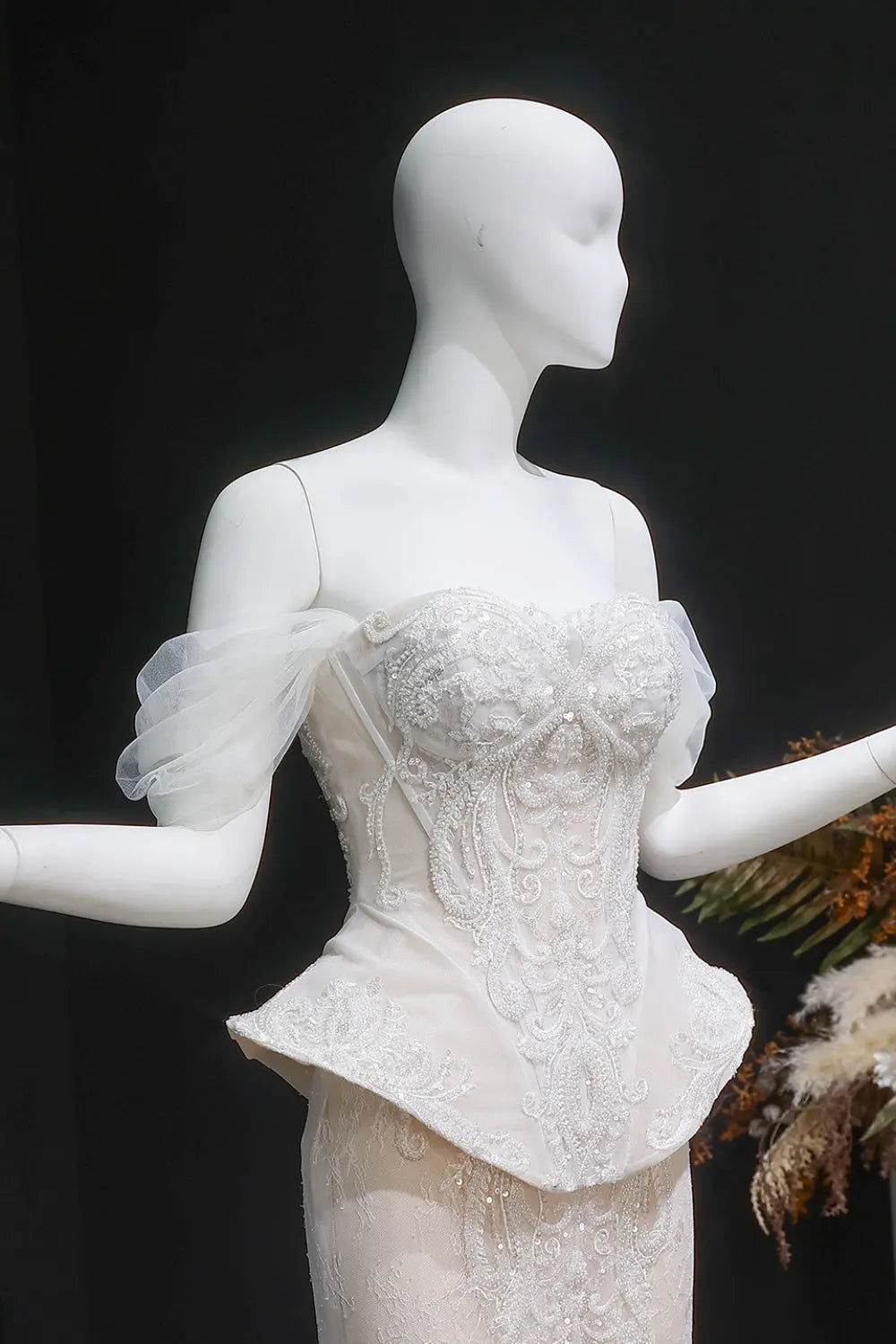 Ivory Lace Peplum Off-the-Shoulder Ball Gown Wedding Dress SW126 Sheer Fairy