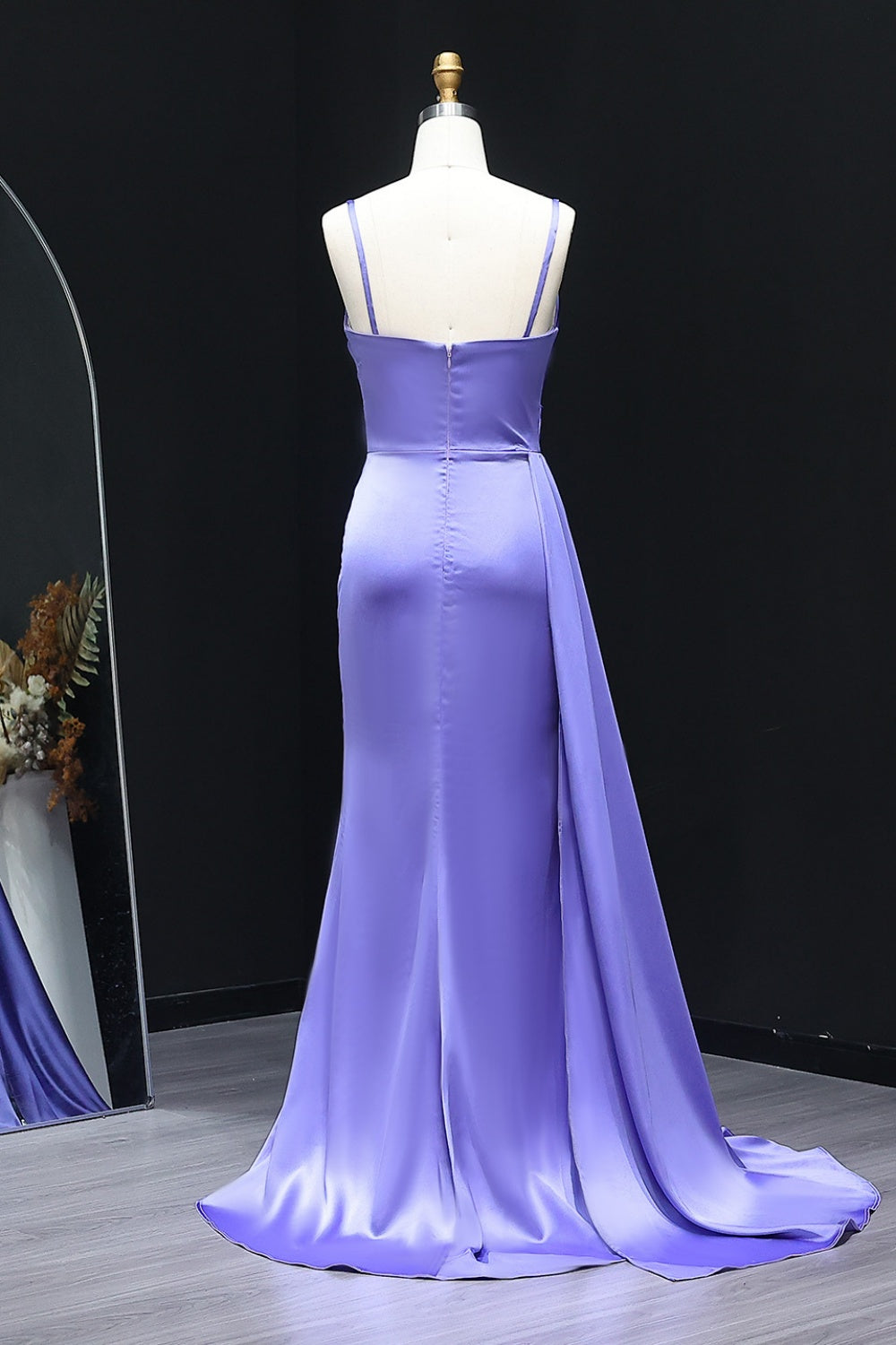 Lavender Satin Spaghetti Straps Mermaid Purple Prom Dress SH293 Sheer Fairy