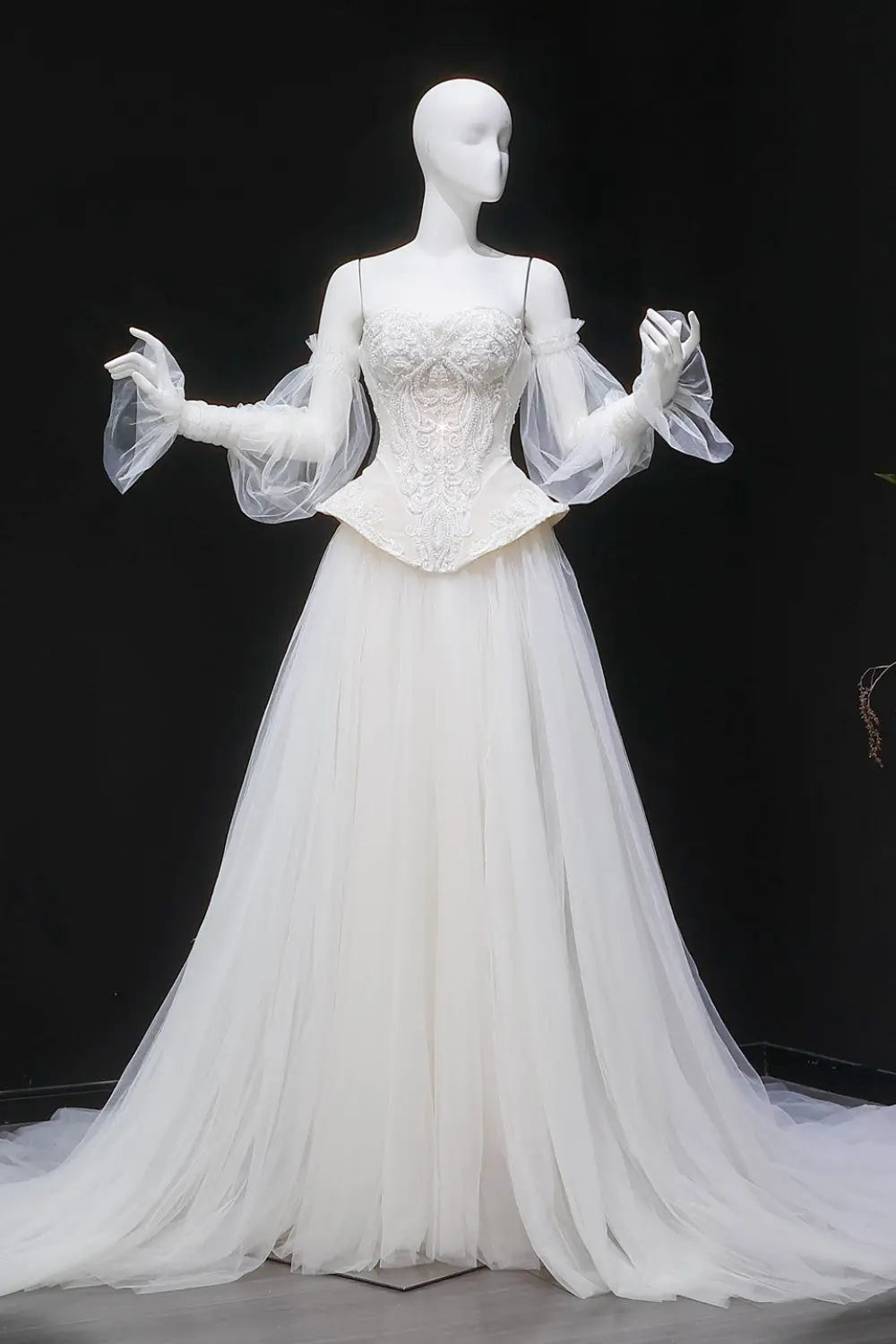 Ivory Lace Peplum Off-the-Shoulder Ball Gown Wedding Dress SW126 Sheer Fairy