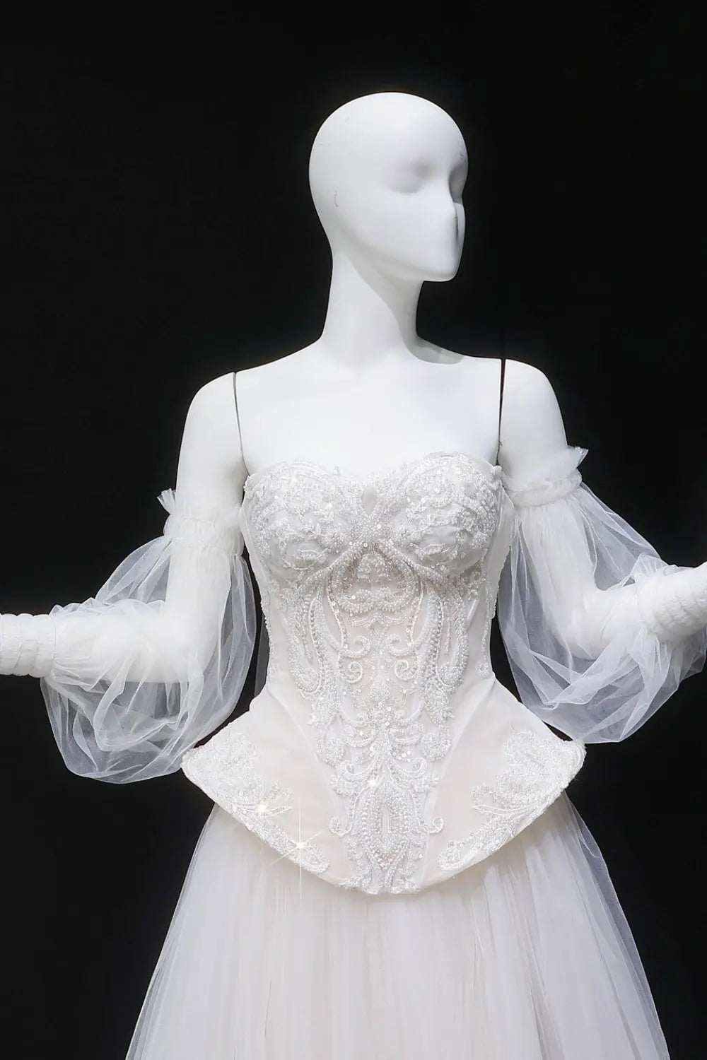 Ivory Lace Peplum Off-the-Shoulder Ball Gown Wedding Dress SW126 Sheer Fairy