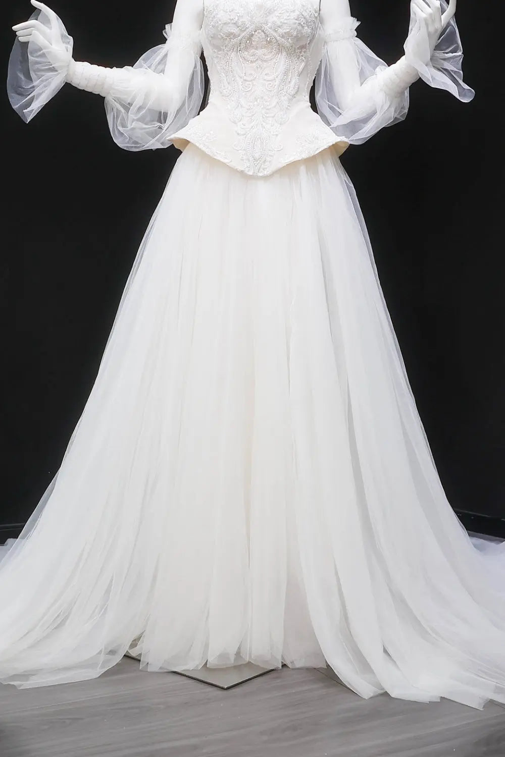 Ivory Lace Peplum Off-the-Shoulder Ball Gown Wedding Dress SW126 Sheer Fairy