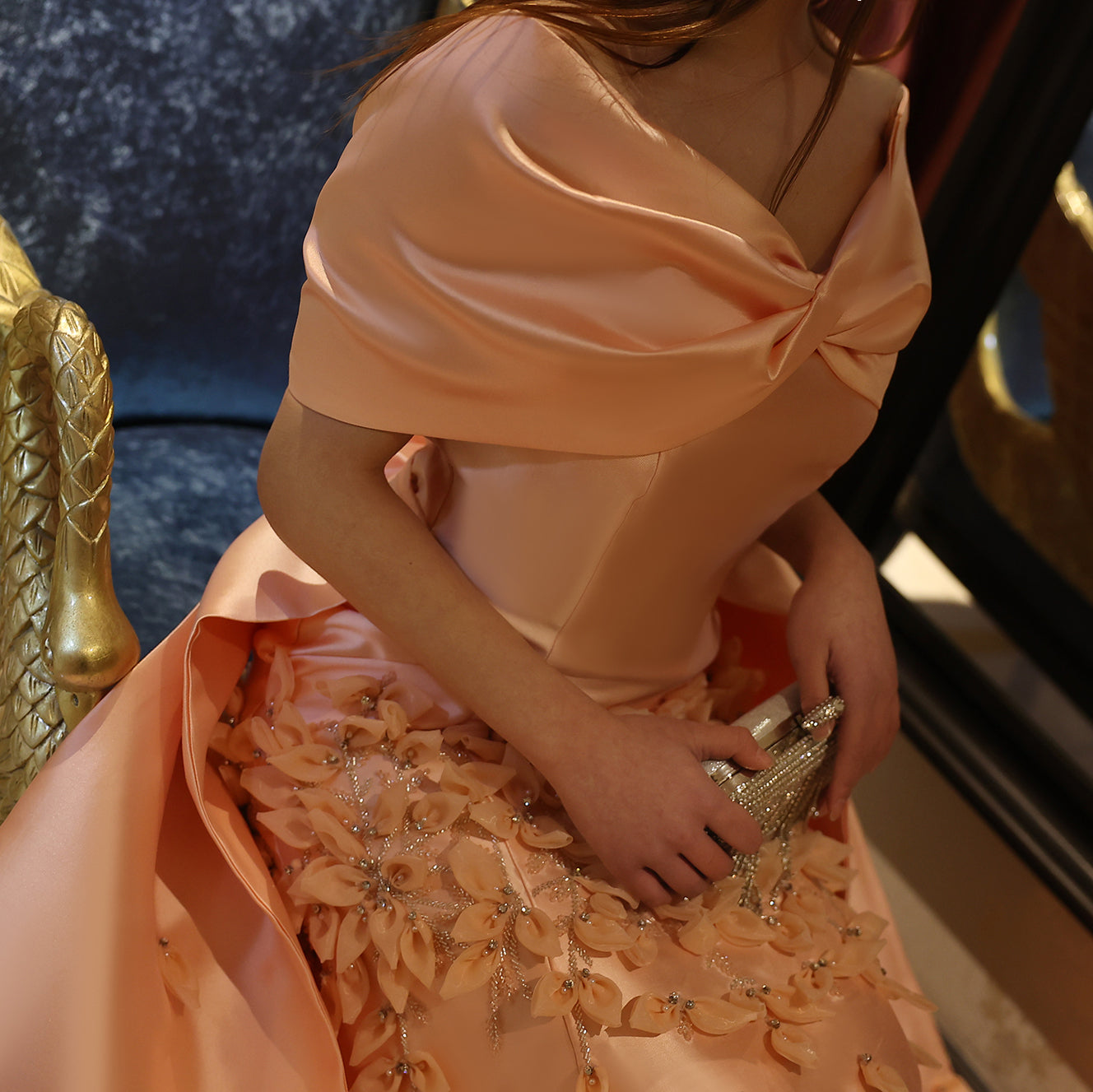 Off-the-Shoulder Long Pink Satin Mermaid Evening Dress with Floral Appliqués SS464 Sheer Fairy