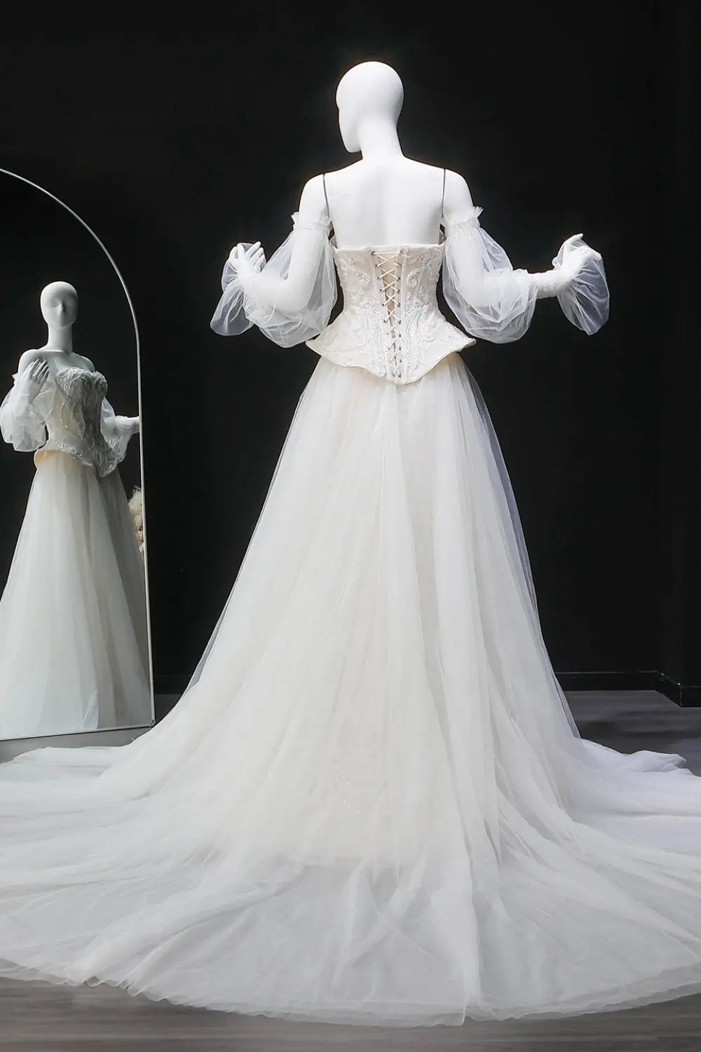Ivory Lace Peplum Off-the-Shoulder Ball Gown Wedding Dress SW126 Sheer Fairy