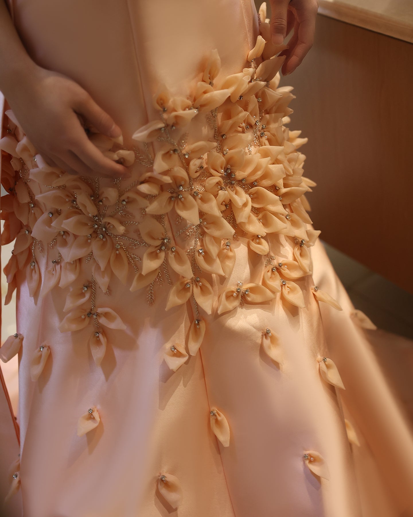 Off-the-Shoulder Long Pink Satin Mermaid Evening Dress with Floral Appliqués SS464 Sheer Fairy