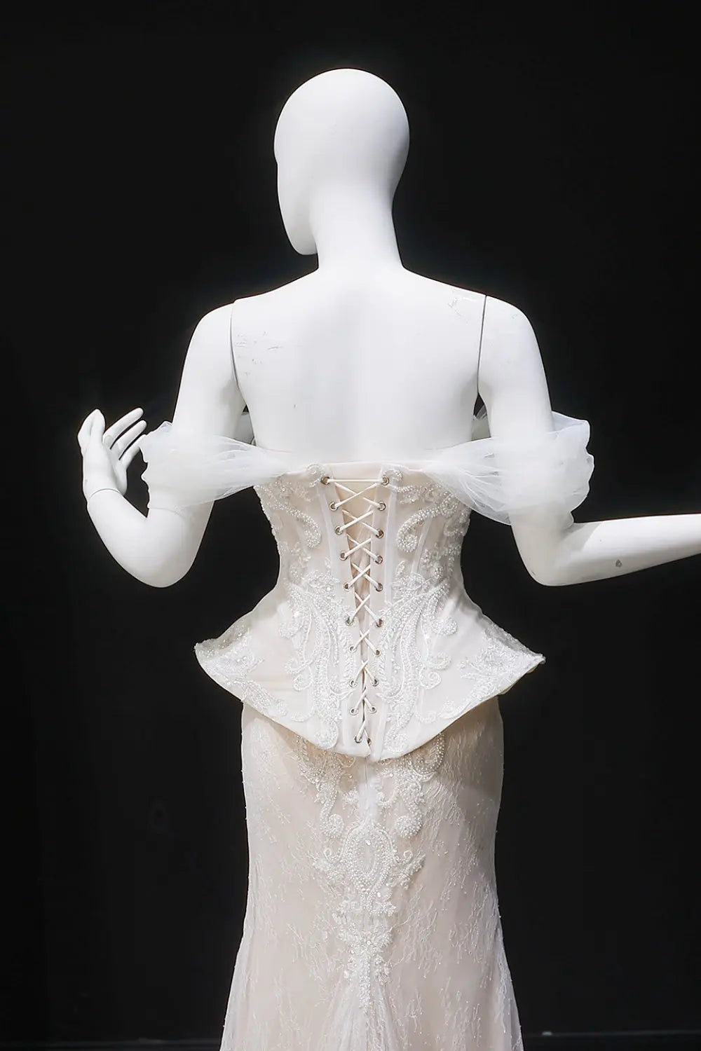 Ivory Lace Peplum Off-the-Shoulder Ball Gown Wedding Dress SW126 Sheer Fairy
