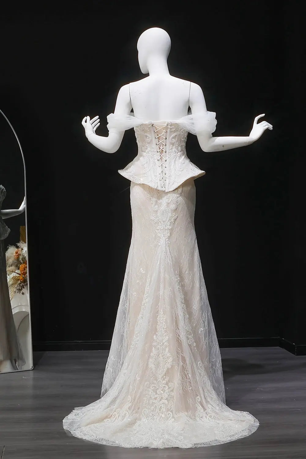 Ivory Lace Peplum Off-the-Shoulder Ball Gown Wedding Dress SW126 Sheer Fairy