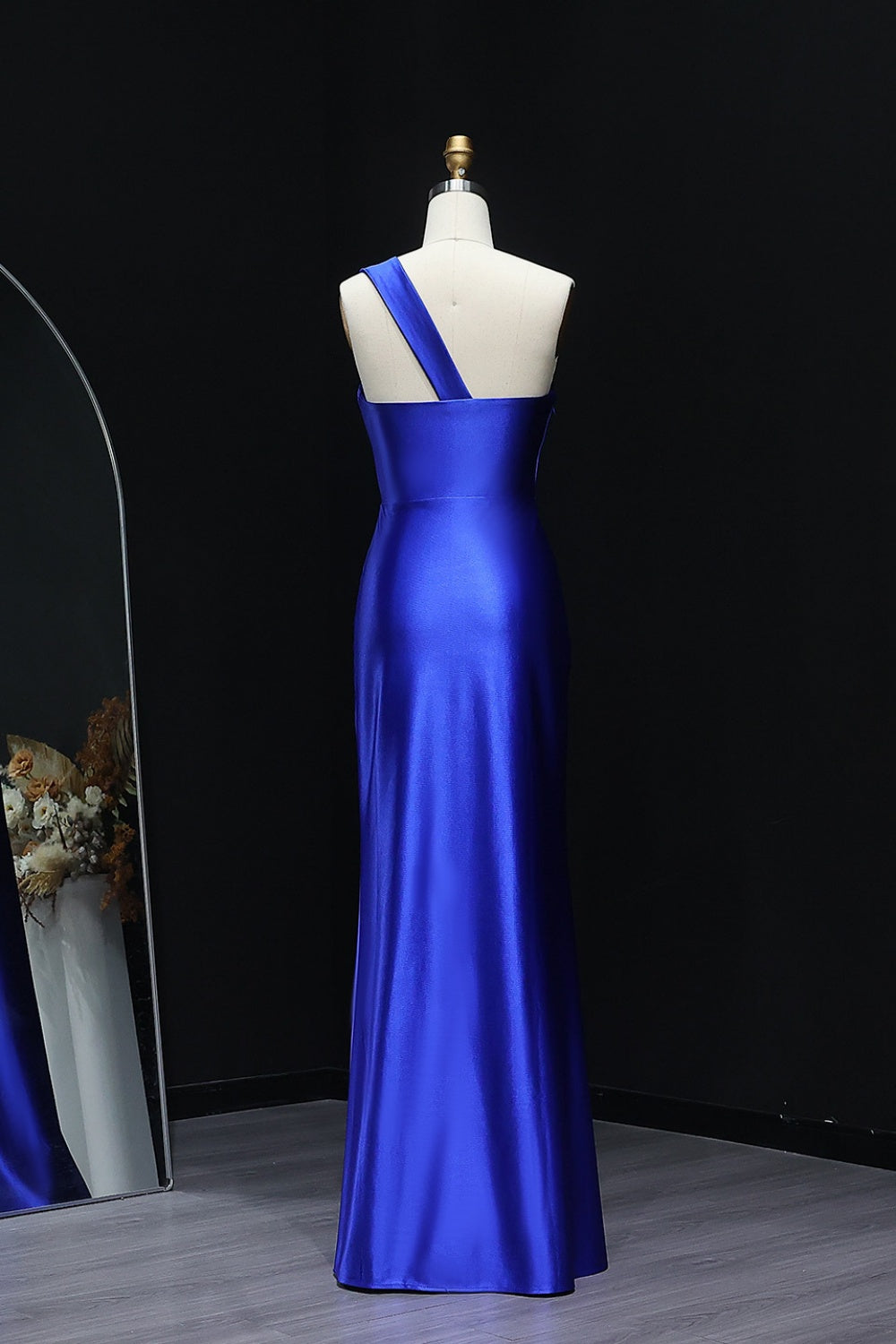 Royal Blue Satin One-Shoulder Sheath Prom Dress SH295 Sheer Fairy