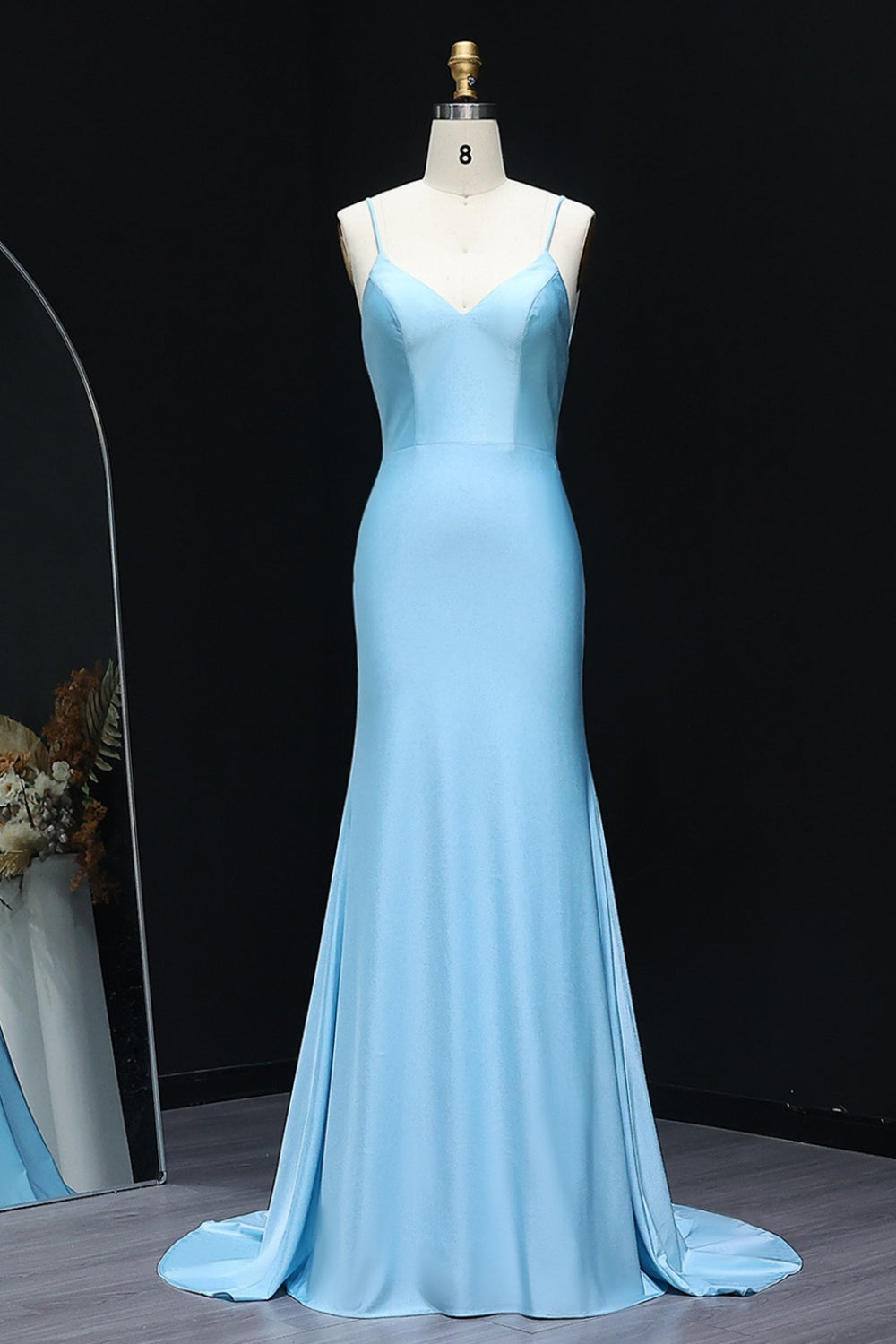 Sky Blue Satin Spaghetti Straps Mermaid Prom Dress SH296 Sheer Fairy