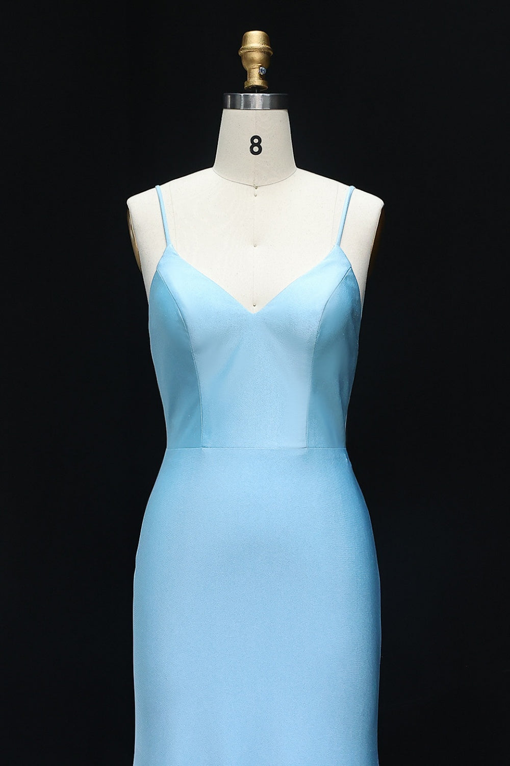 Sky Blue Satin Spaghetti Straps Mermaid Prom Dress SH296 Sheer Fairy