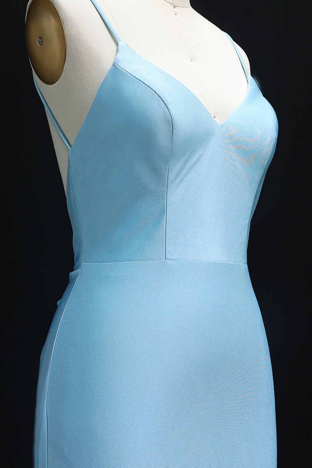 Sky Blue Satin Spaghetti Straps Mermaid Prom Dress SH296 Sheer Fairy