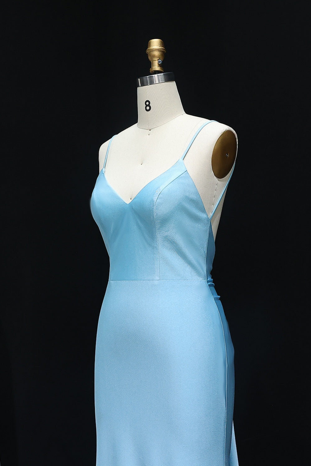 Sky Blue Satin Spaghetti Straps Mermaid Prom Dress SH296 Sheer Fairy