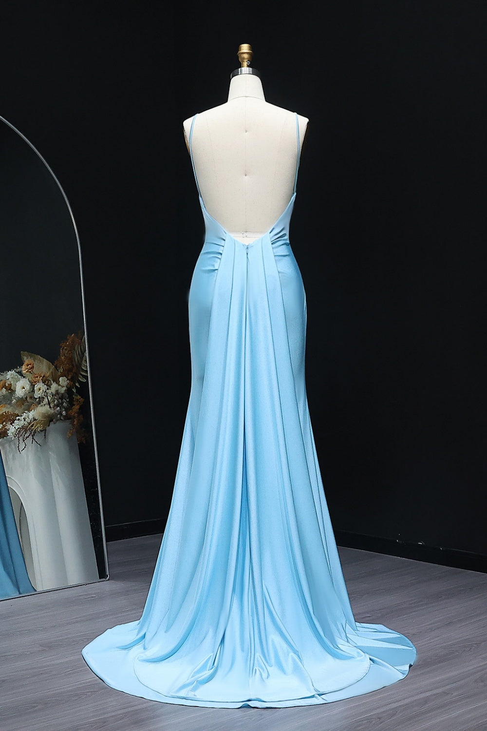 Sky Blue Satin Spaghetti Straps Mermaid Prom Dress SH296 Sheer Fairy
