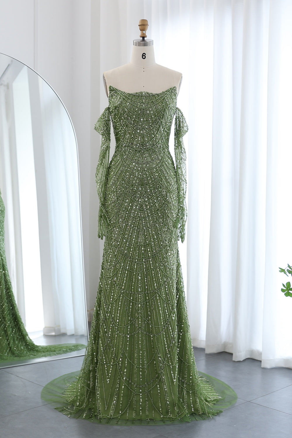 Luxury Beaded Green Mermaid Evening Dress with Gloves SS606 Sheer Fairy