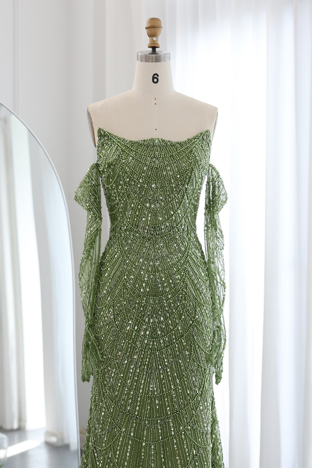 Luxury Beaded Green Mermaid Evening Dress with Gloves SS606 Sheer Fairy